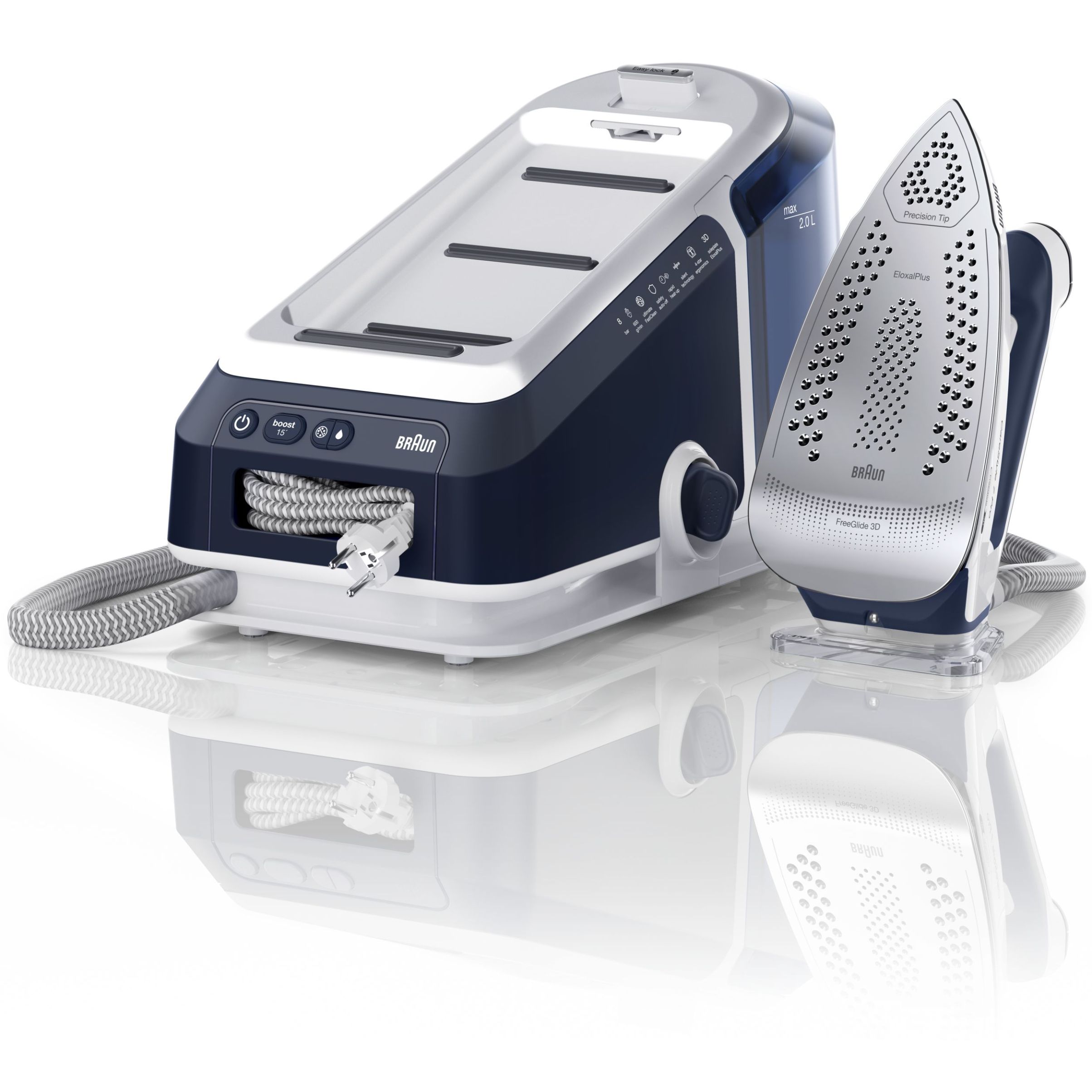 Stație de călcat BRAUN CareStyle 7 Pro IS7282BL – 0128805001, 2700W, 8bar, Continuu 180g/min, Jet 600g, Rez det 2l, C1.7m, EloxalPlus, iCare, iMode, FreeGlide 3D, ProSteam, Mod Turbo, Silențioasă, Albastră