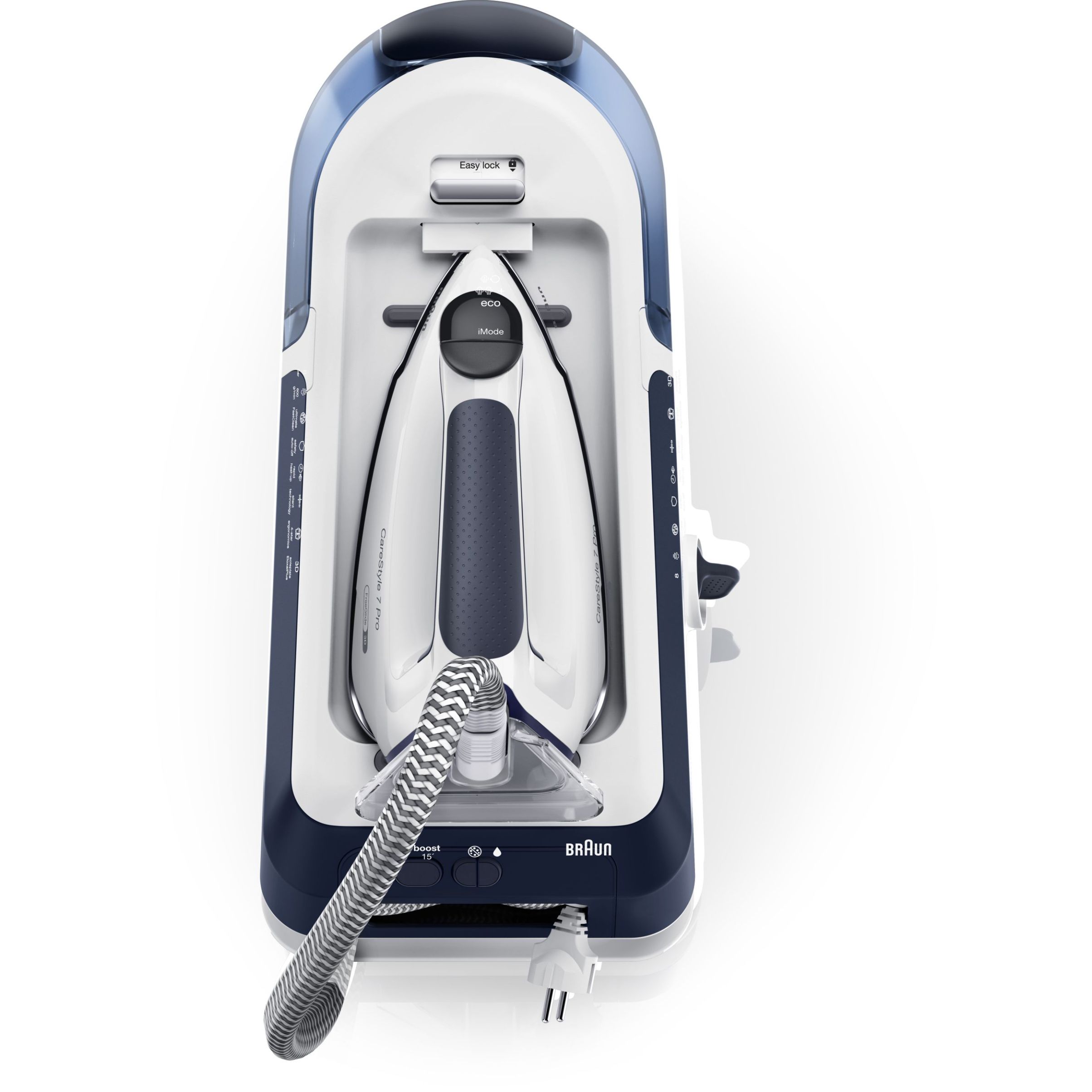 Stație de călcat BRAUN CareStyle 7 Pro IS7282BL – 0128805001, 2700W, 8bar, Continuu 180g/min, Jet 600g, Rez det 2l, C1.7m, EloxalPlus, iCare, iMode, FreeGlide 3D, ProSteam, Mod Turbo, Silențioasă, Albastră