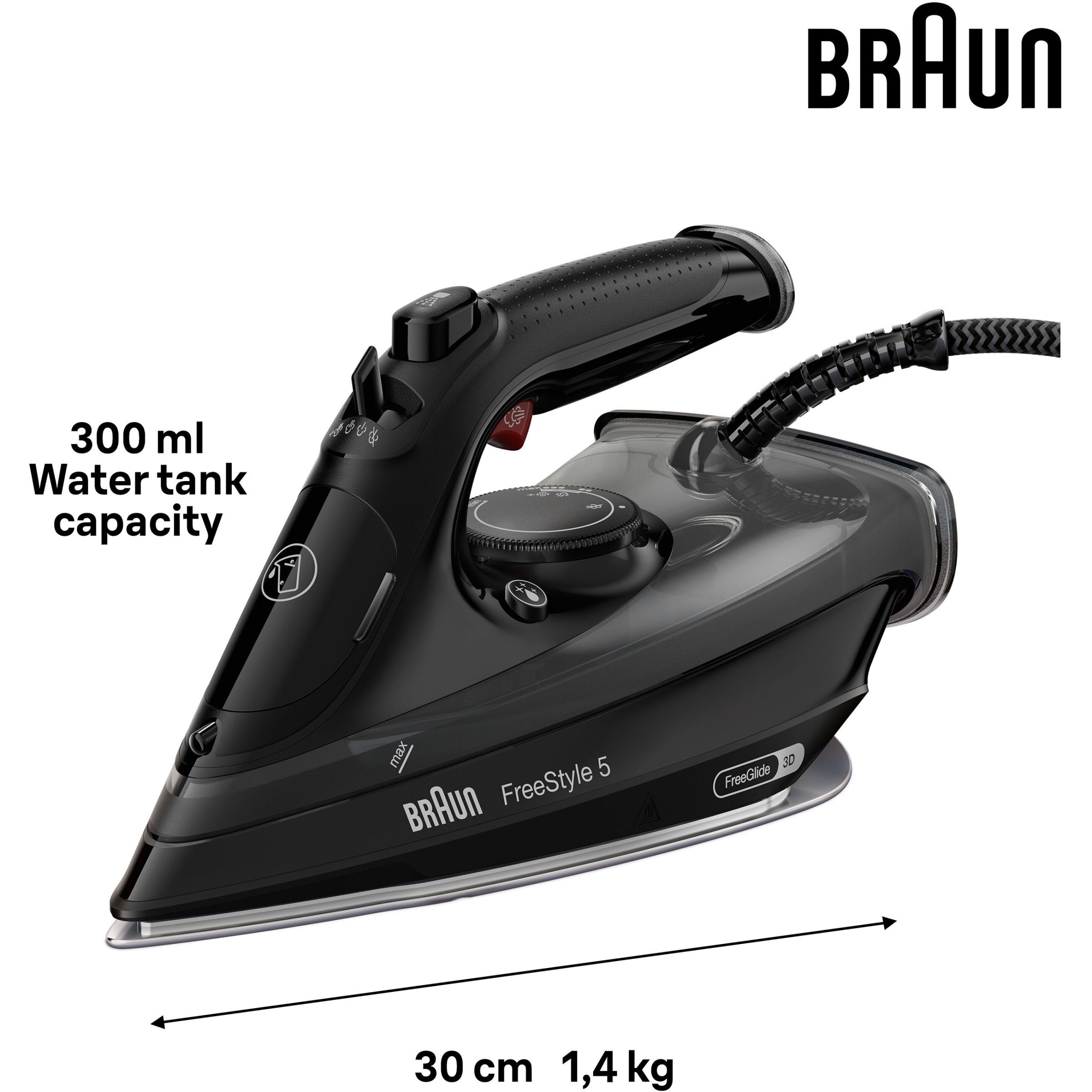 Fier de călcat BRAUN FreeStyle 5 SI5088BK – 0127406018, 2300~2800W, Continuu 50g/min, Jet 220g, Rezervor 300ml, Talpă curbată EloxalPlus, FreeGlide 3D, Oprire automată, Cablu 2m, G1.4kg, Black