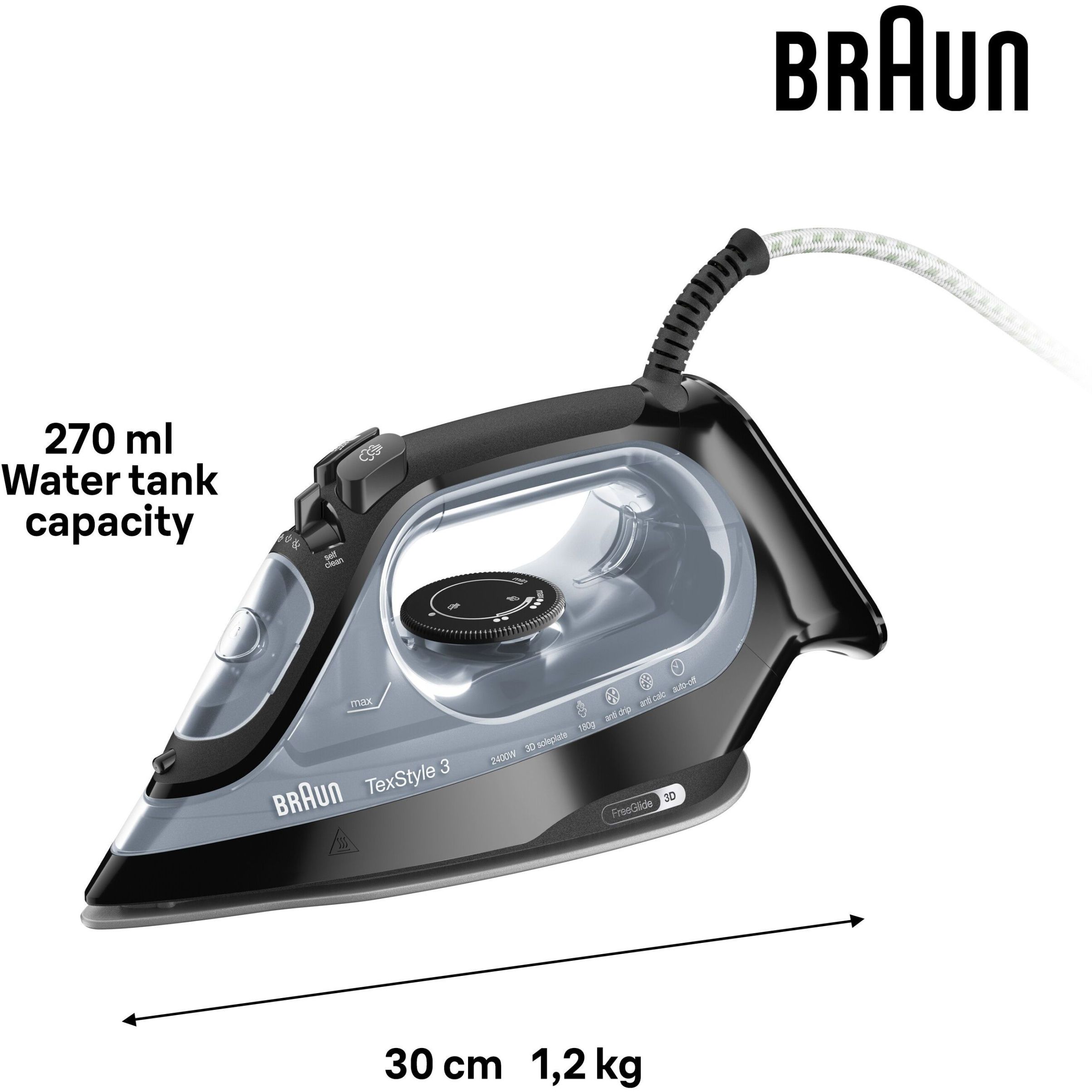 Fier de călcat BRAUN TexStyle 3 SI3055BK – 0127405005, 2000~2400W, Continuu 45g/min, Jet 180g, Rezervor 270ml, Talpă SuperCeramic, FreeGlide 3D, Oprire automată, Cablu 2m, G1.2kg, Black
