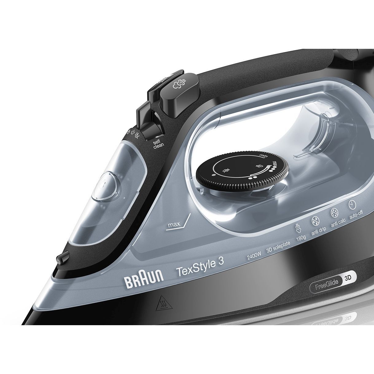 Fier de călcat BRAUN TexStyle 3 SI3055BK – 0127405005, 2000~2400W, Continuu 45g/min, Jet 180g, Rezervor 270ml, Talpă SuperCeramic, FreeGlide 3D, Oprire automată, Cablu 2m, G1.2kg, Black