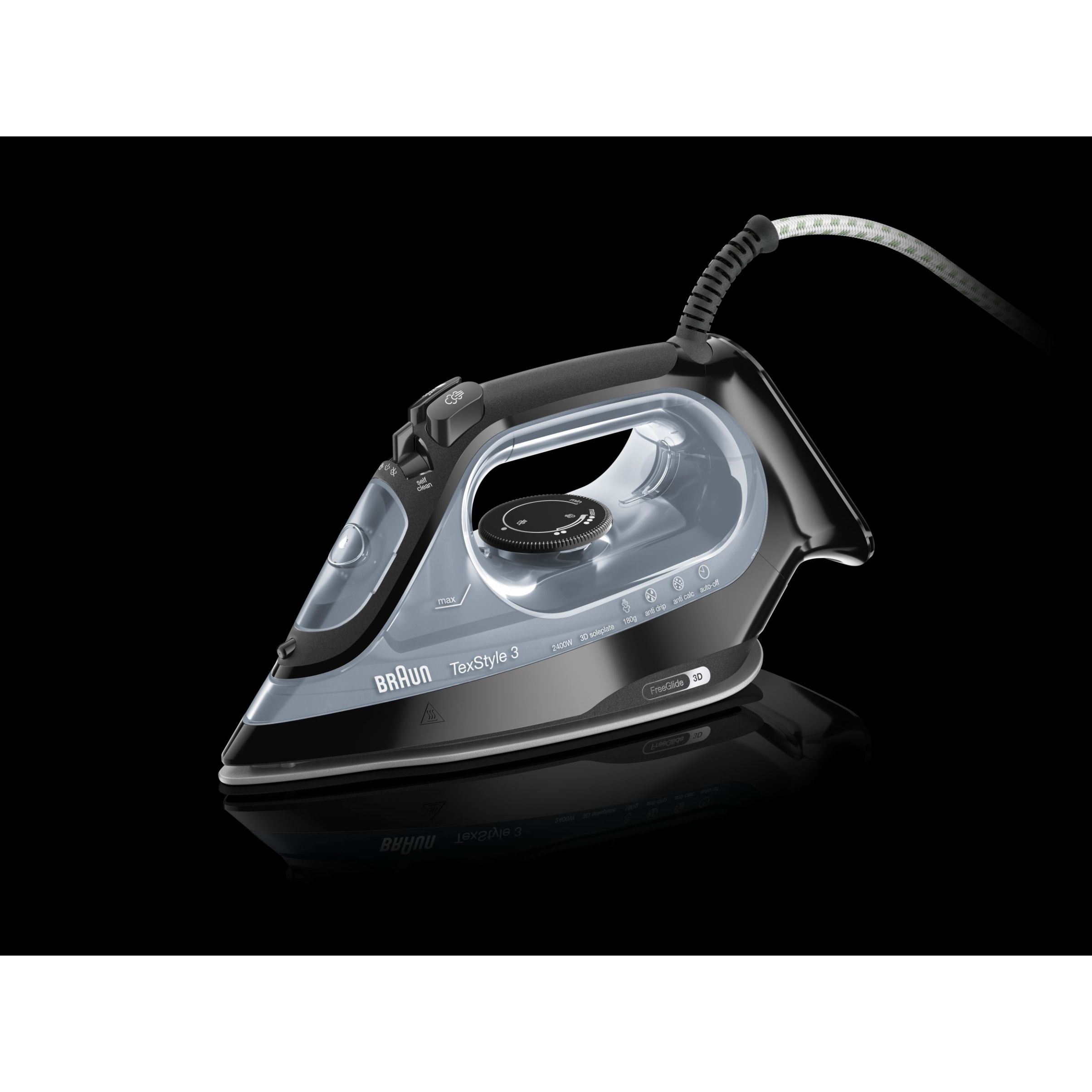 Fier de călcat BRAUN TexStyle 3 SI3055BK – 0127405005, 2000~2400W, Continuu 45g/min, Jet 180g, Rezervor 270ml, Talpă SuperCeramic, FreeGlide 3D, Oprire automată, Cablu 2m, G1.2kg, Black