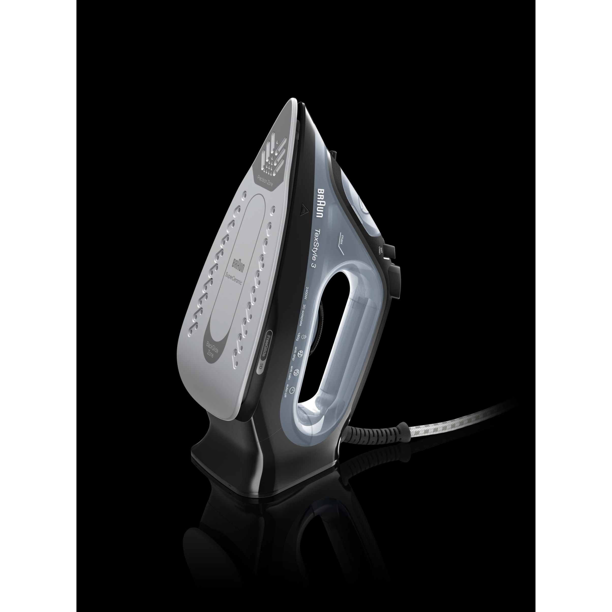 Fier de călcat BRAUN TexStyle 3 SI3055BK – 0127405005, 2000~2400W, Continuu 45g/min, Jet 180g, Rezervor 270ml, Talpă SuperCeramic, FreeGlide 3D, Oprire automată, Cablu 2m, G1.2kg, Black