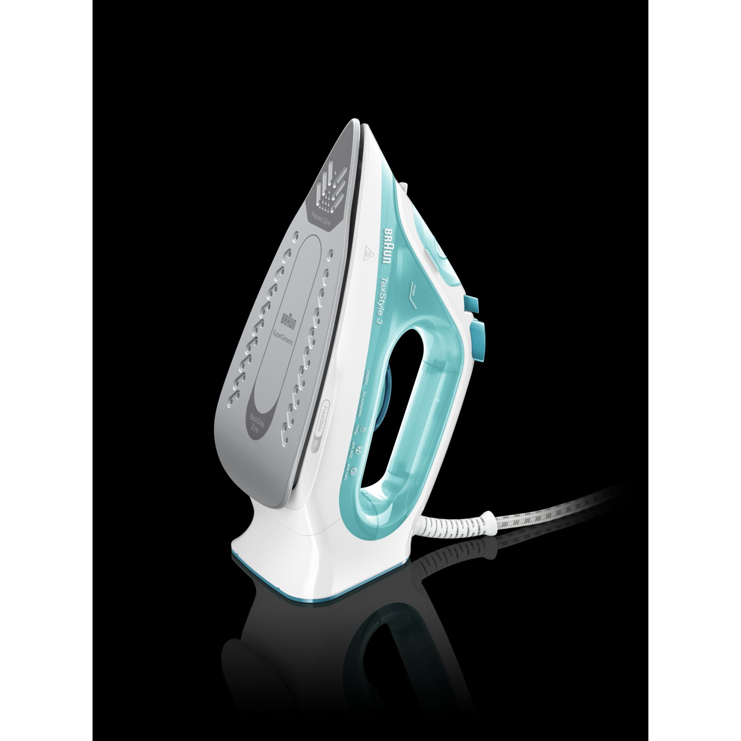 Fier de călcat BRAUN TexStyle 3 SI3041GR, 2000~2350W, Continuu 45g/min, Jet 150g, Rezervor 270ml, Talpă curbată SuperCeramic, Vârf precizie, FreeGlide 3D, Cablu 2m, G1.2kg, Green