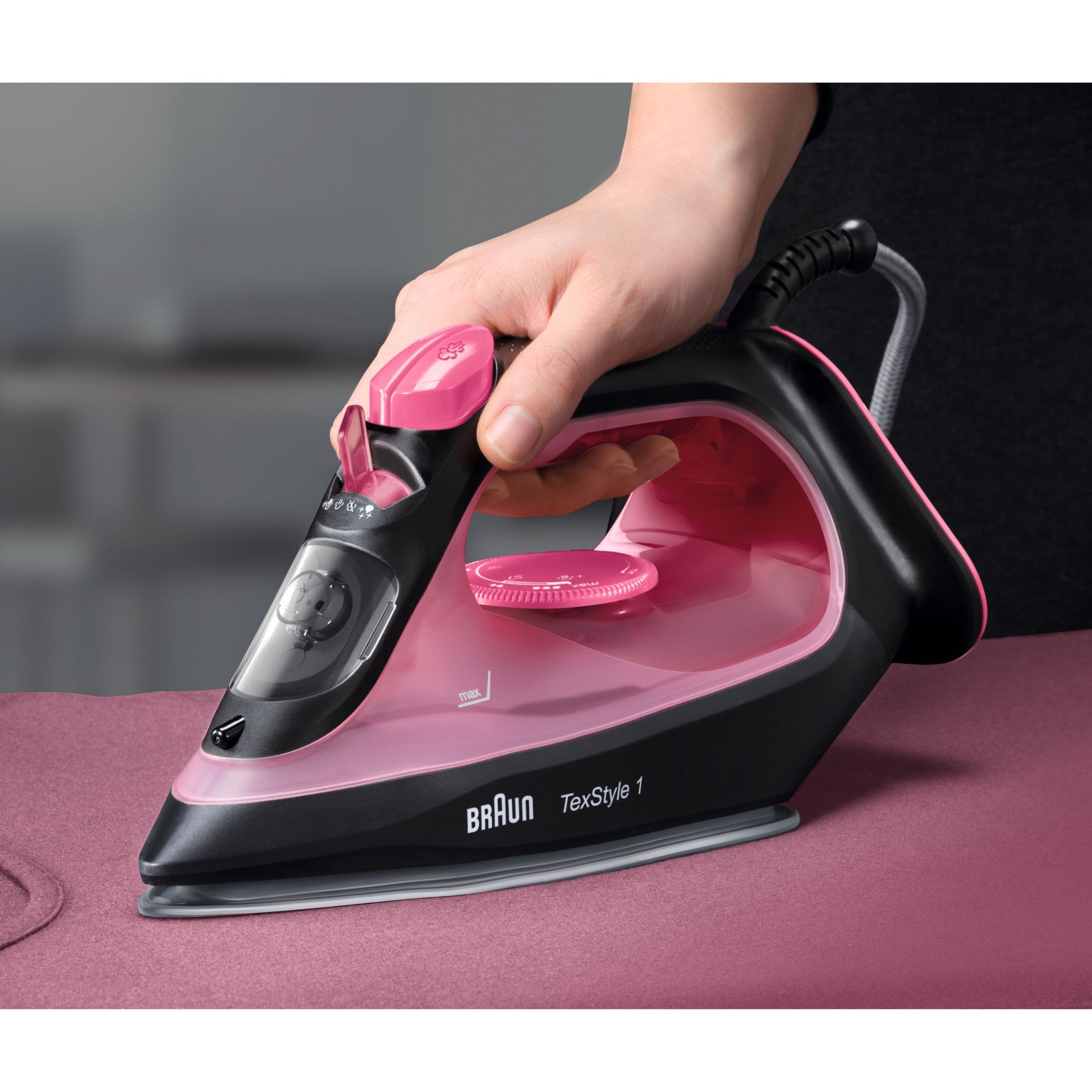 Fier de călcat BRAUN TexStyle 1 SI1070PU, 1700~2000W, Continuu 25g/min, Jet 130g, Rezervor 220ml, Talpă SuperCeramic, Vârf precizie, Cablu 1.9m, G1kg, Purple