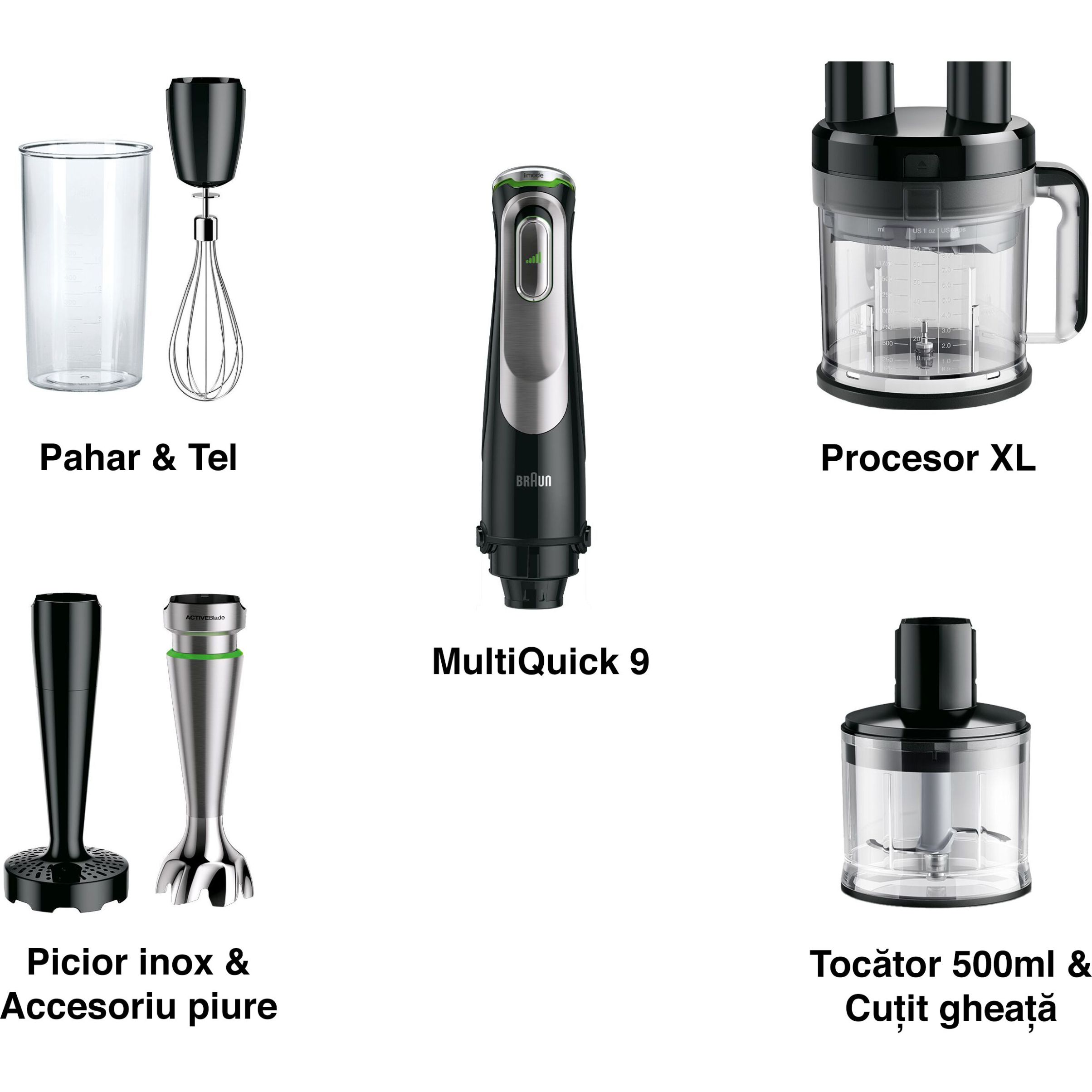 Blender de mână BRAUN MultiQuick 9 MQ9187XLI – 0X22111376, 1000~1200W (variabilă și Pulse), Lame ActiveBlade, Active PowerDrive, iMode, Advanced SmartSpeed, SplashControl, EasyClick Plus, Premium Black
