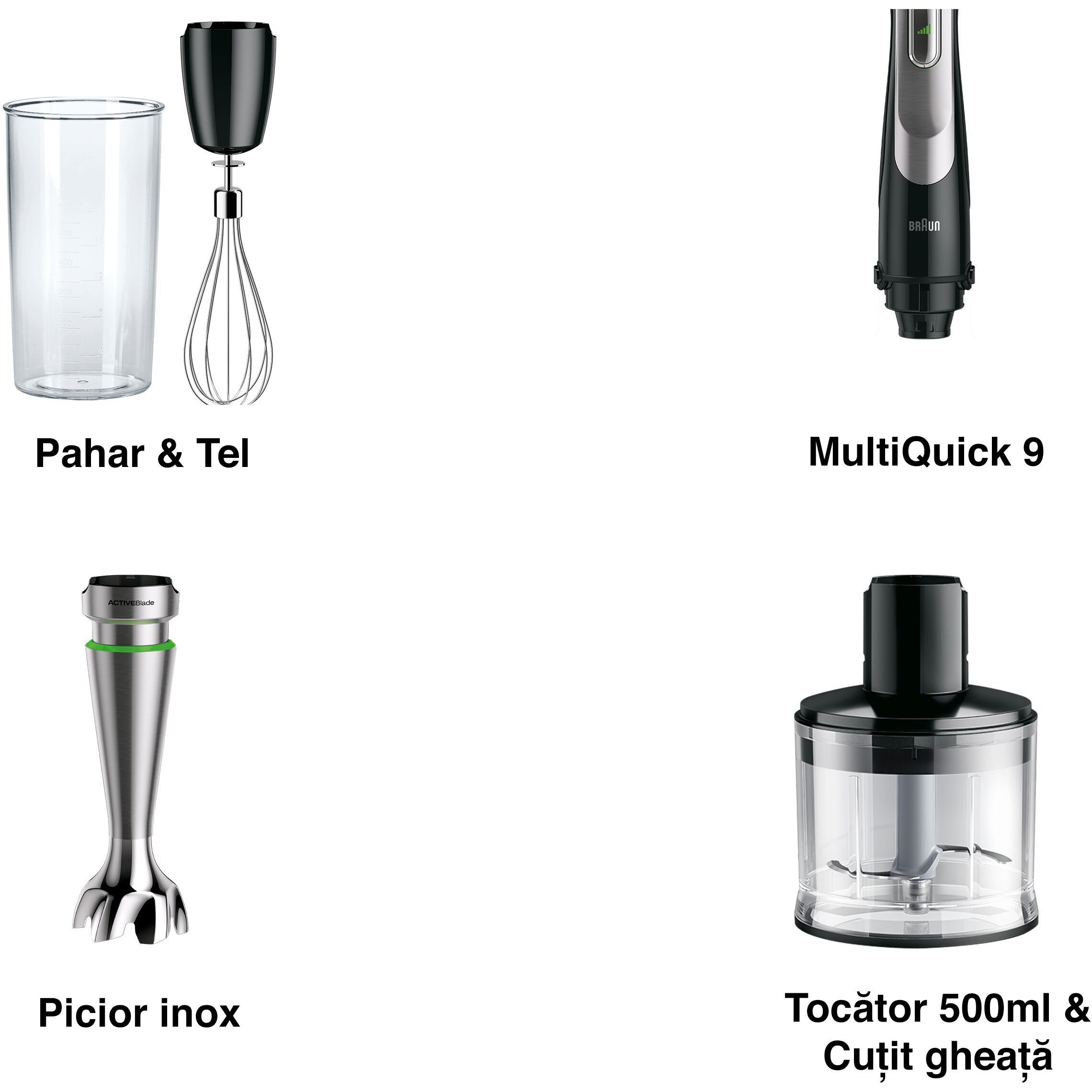 Blender de mână BRAUN MultiQuick 9 MQ9135XI, 1000~1200W (variabilă și Pulse), Lame ActiveBlade, Active PowerDrive, iMode, Advanced SmartSpeed, SplashControl, Cablu 1.2m, Premium Black