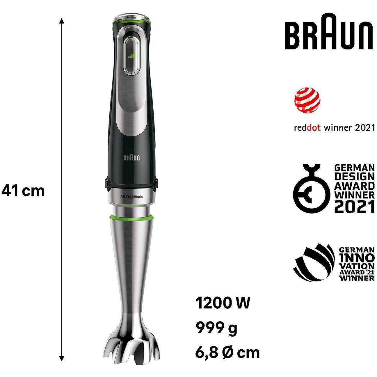 Blender de mână BRAUN MultiQuick 9 MQ9135XI, 1000~1200W (variabilă și Pulse), Lame ActiveBlade, Active PowerDrive, iMode, Advanced SmartSpeed, SplashControl, Cablu 1.2m, Premium Black