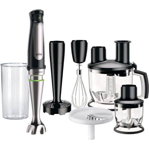 Blender de mână BRAUN MultiQuick 7 MQ7087X – 0X22111291  1000W (viteză variabilă)  Pahar gradat 0.6l  Procesor alimente 1.5l  Tocator 0.35l  Accesoriu piure  Tel