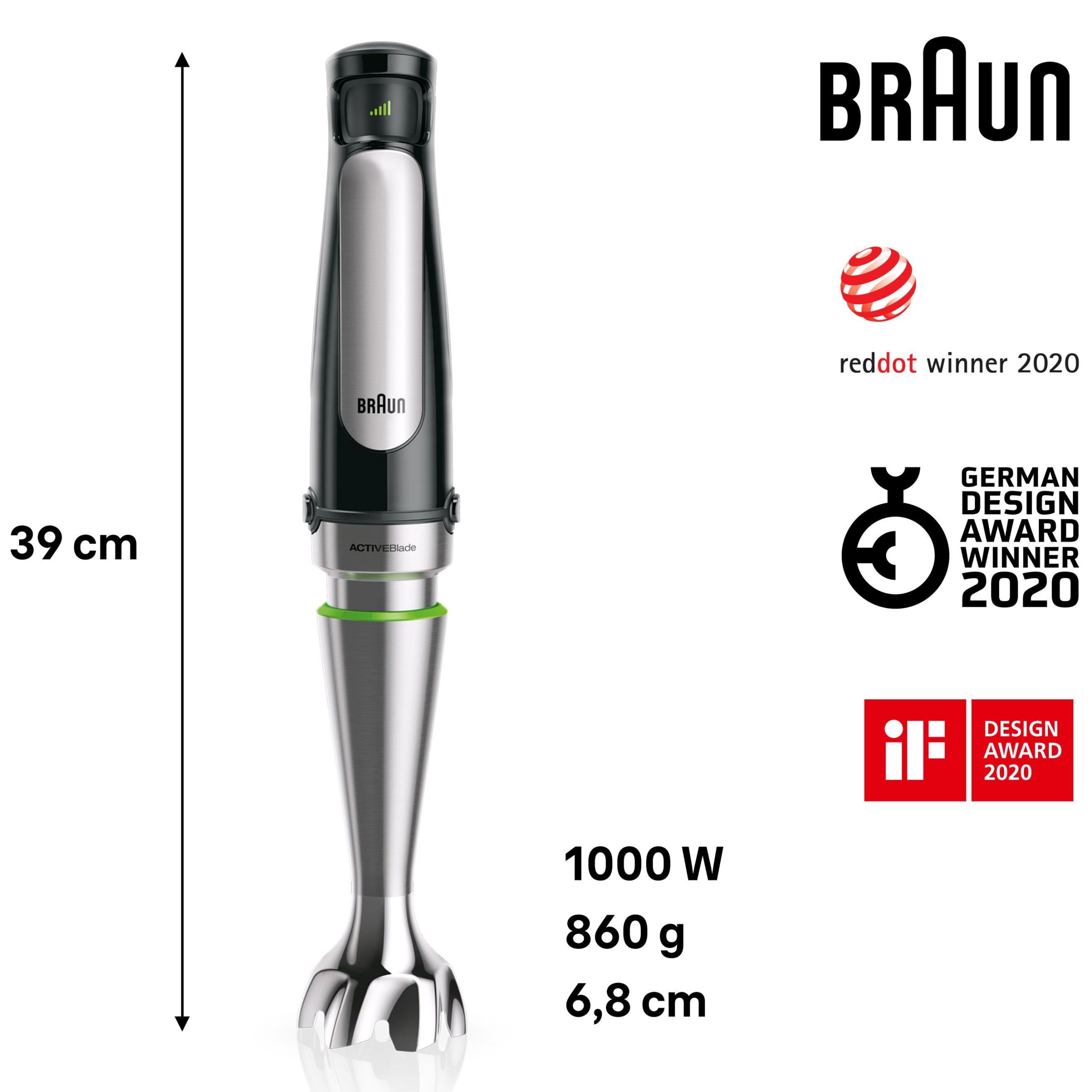 Blender de mână BRAUN MultiQuick 7 MQ7087X – 0X22111291, 1000W (viteză variabilă), Pahar gradat 0.6l, Procesor alimente 1.5l, Tocator 0.35l, Accesoriu piure, Tel