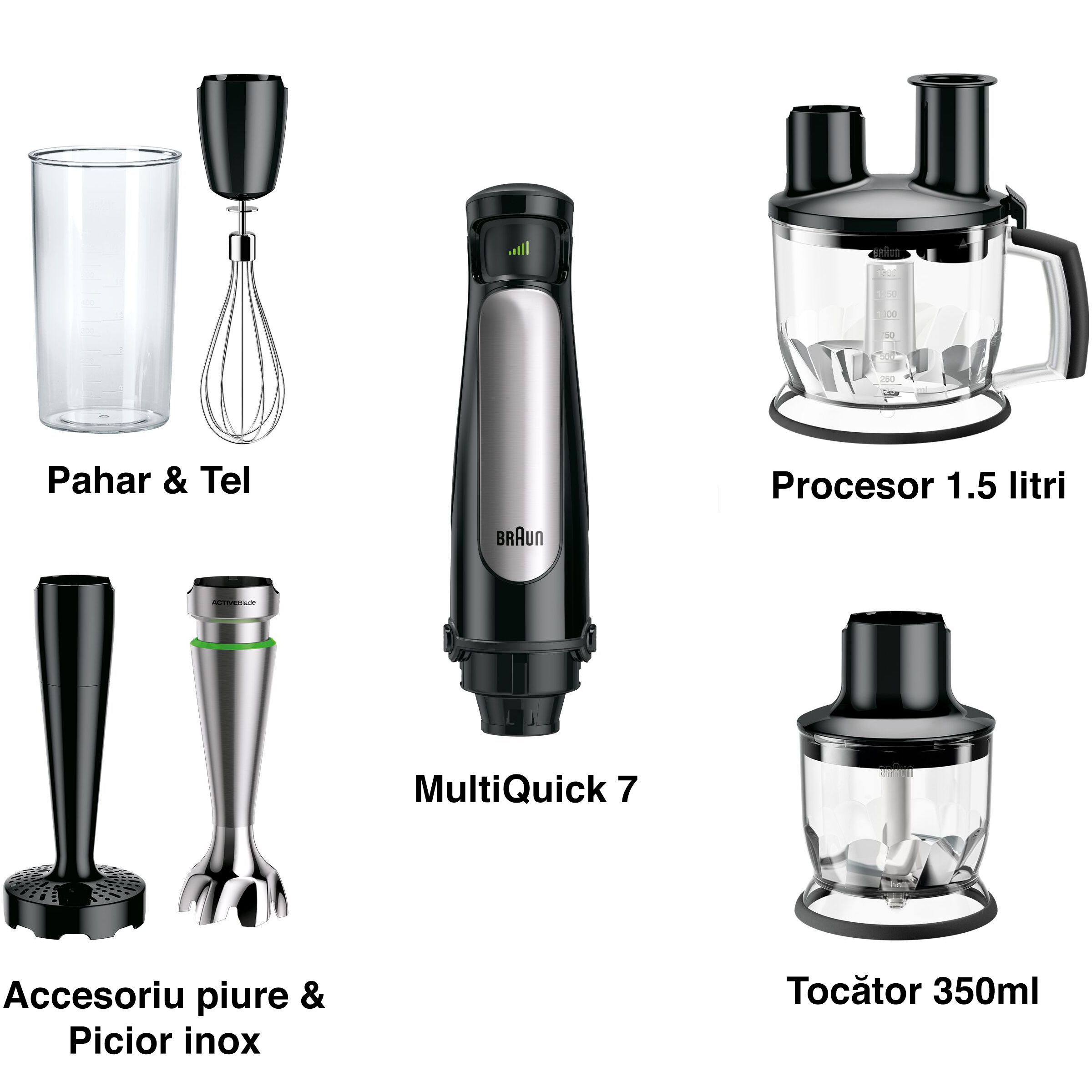 Blender de mână BRAUN MultiQuick 7 MQ7087X – 0X22111291, 1000W (viteză variabilă), Pahar gradat 0.6l, Procesor alimente 1.5l, Tocator 0.35l, Accesoriu piure, Tel
