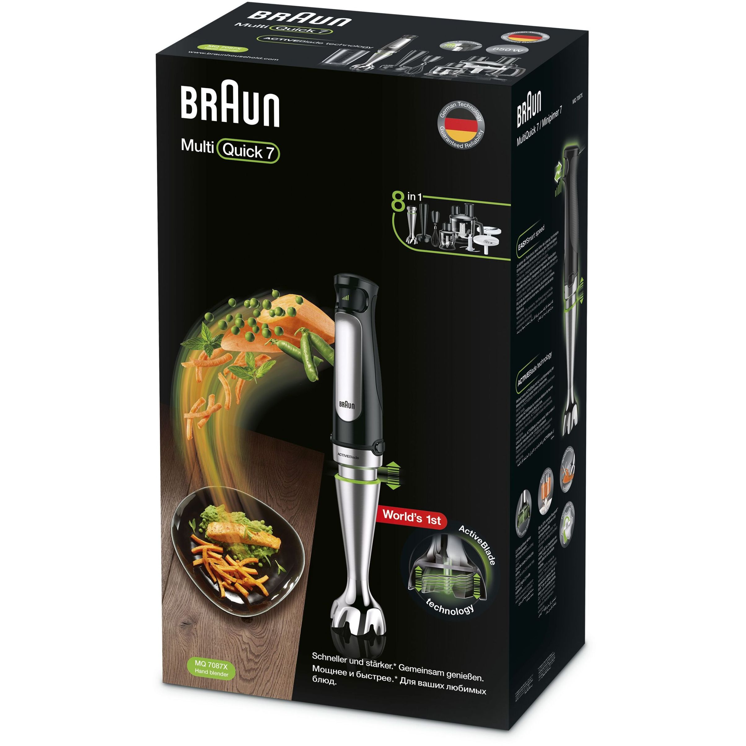 Blender de mână BRAUN MultiQuick 7 MQ7087X – 0X22111291, 1000W (viteză variabilă), Pahar gradat 0.6l, Procesor alimente 1.5l, Tocator 0.35l, Accesoriu piure, Tel