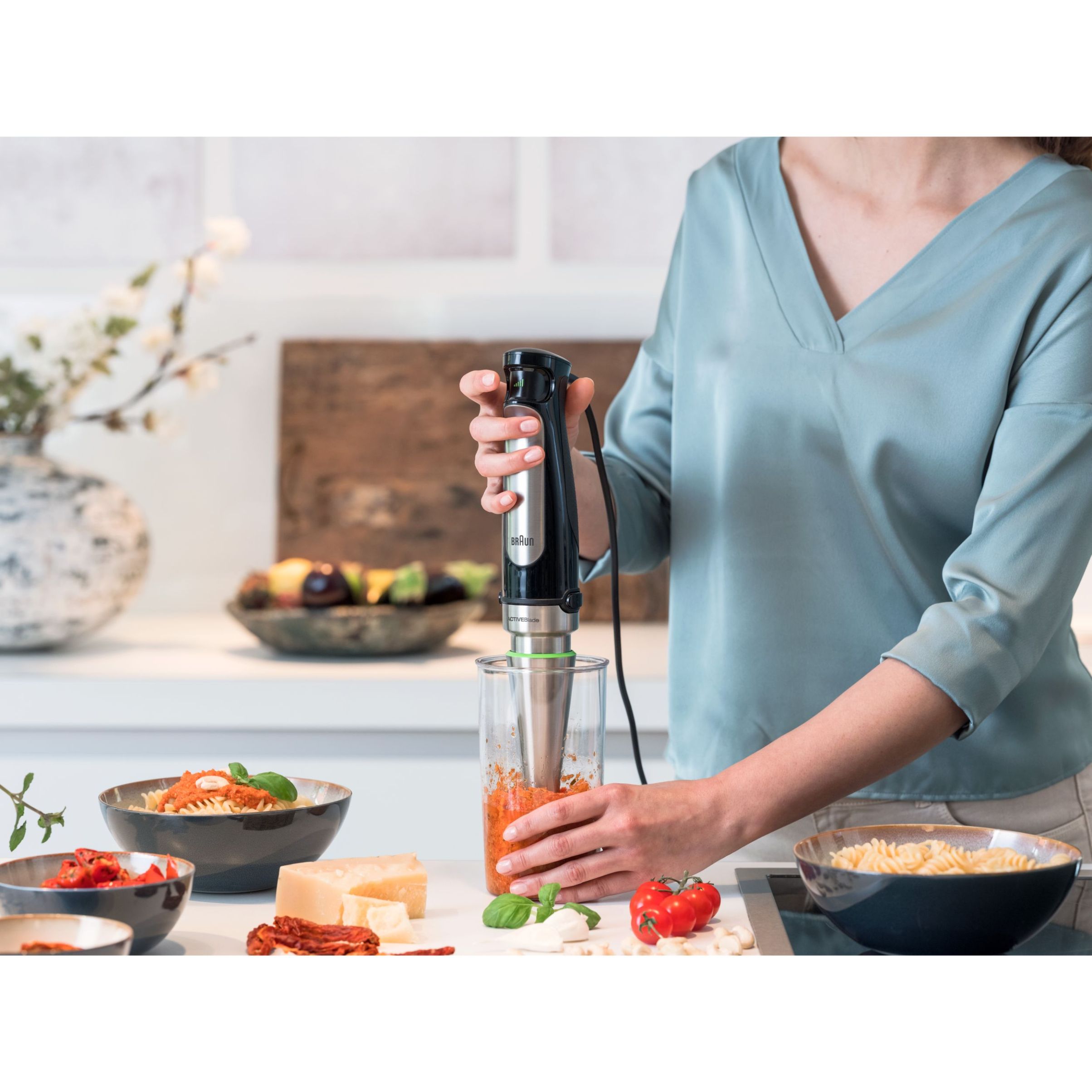Blender de mână BRAUN MultiQuick 7 MQ7087X – 0X22111291, 1000W (viteză variabilă), Pahar gradat 0.6l, Procesor alimente 1.5l, Tocator 0.35l, Accesoriu piure, Tel