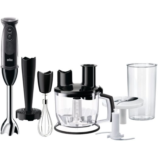 Blender de mână BRAUN MultiQuick 5 Vario MQ5277BK – 0X22111347  1000W (21 trepte și Turbo)  Picior inox  Procesor de alimente 1.5l  Tel  Pahar gradat (600ml)  Accesoriu piure  Cablu 1.20m  Premium Black