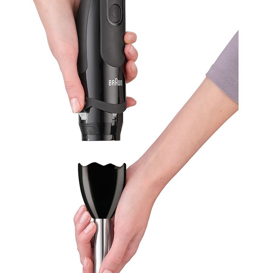 Blender de mână BRAUN MultiQuick 5 Vario MQ5277BK – 0X22111347, 1000W (21 trepte și Turbo), Picior inox, Procesor de alimente 1.5l, Tel, Pahar gradat (600ml), Accesoriu piure, Cablu 1.20m, Premium Black