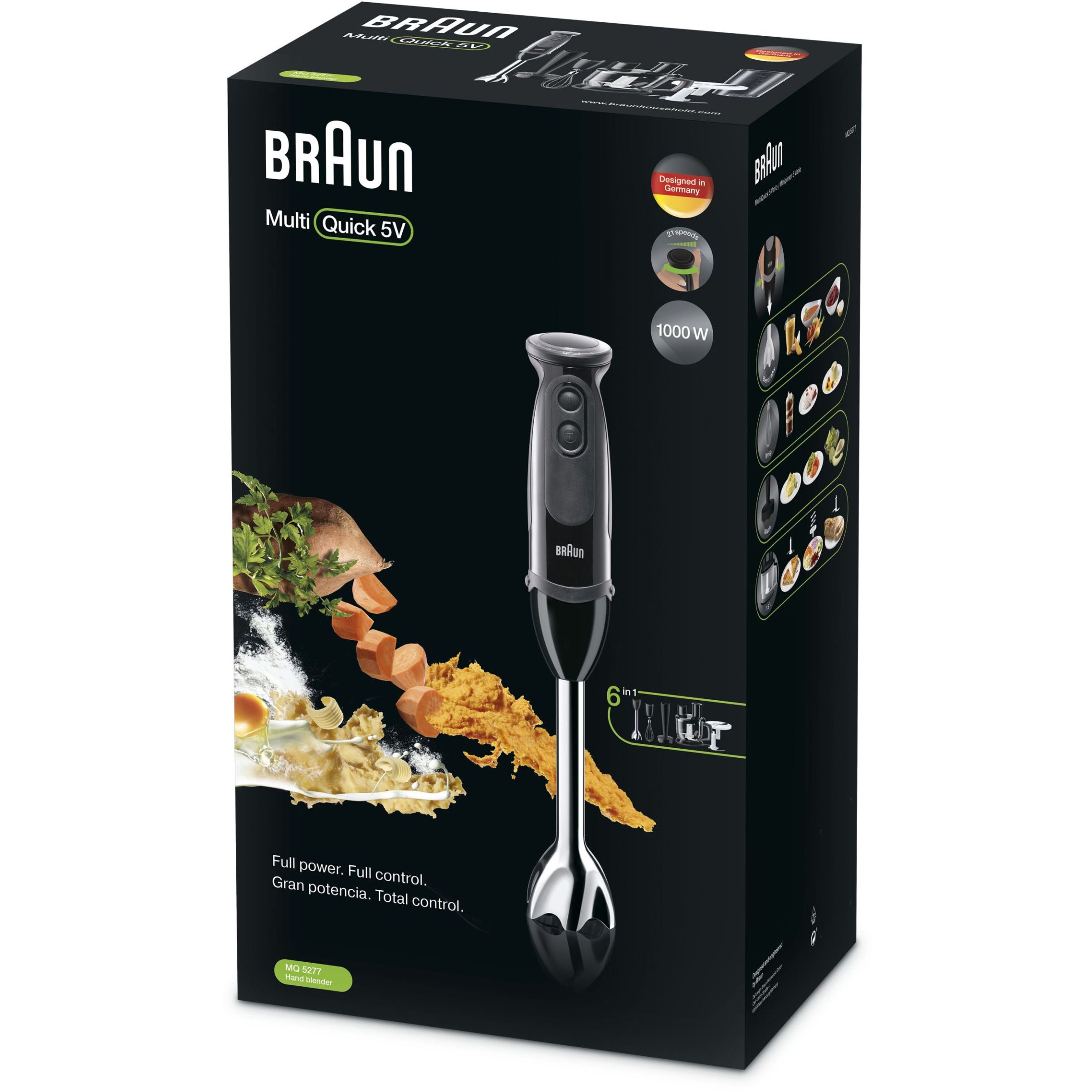 Blender de mână BRAUN MultiQuick 5 Vario MQ5277BK – 0X22111347, 1000W (21 trepte și Turbo), Picior inox, Procesor de alimente 1.5l, Tel, Pahar gradat (600ml), Accesoriu piure, Cablu 1.20m, Premium Black