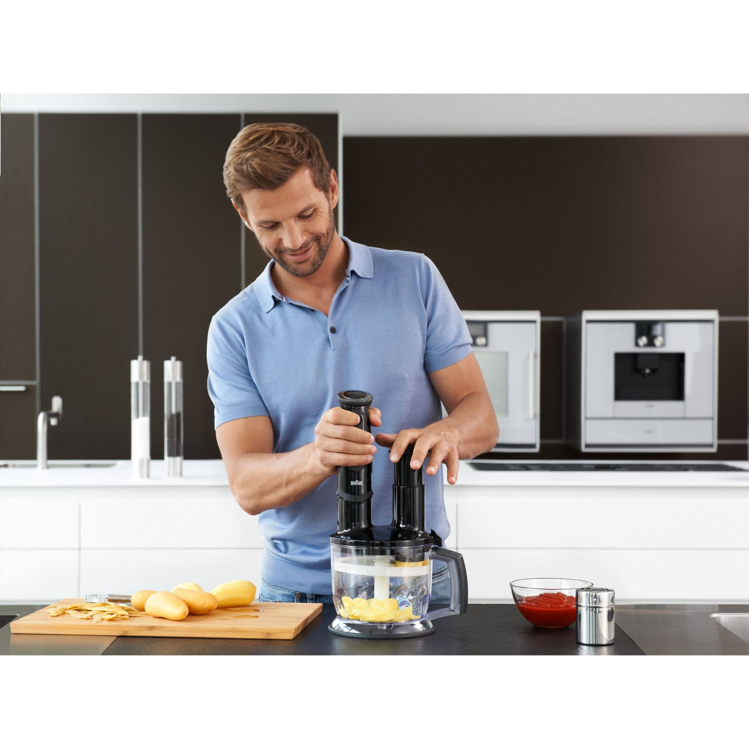 Blender de mână BRAUN MultiQuick 5 Vario MQ5277BK – 0X22111347, 1000W (21 trepte și Turbo), Picior inox, Procesor de alimente 1.5l, Tel, Pahar gradat (600ml), Accesoriu piure, Cablu 1.20m, Premium Black