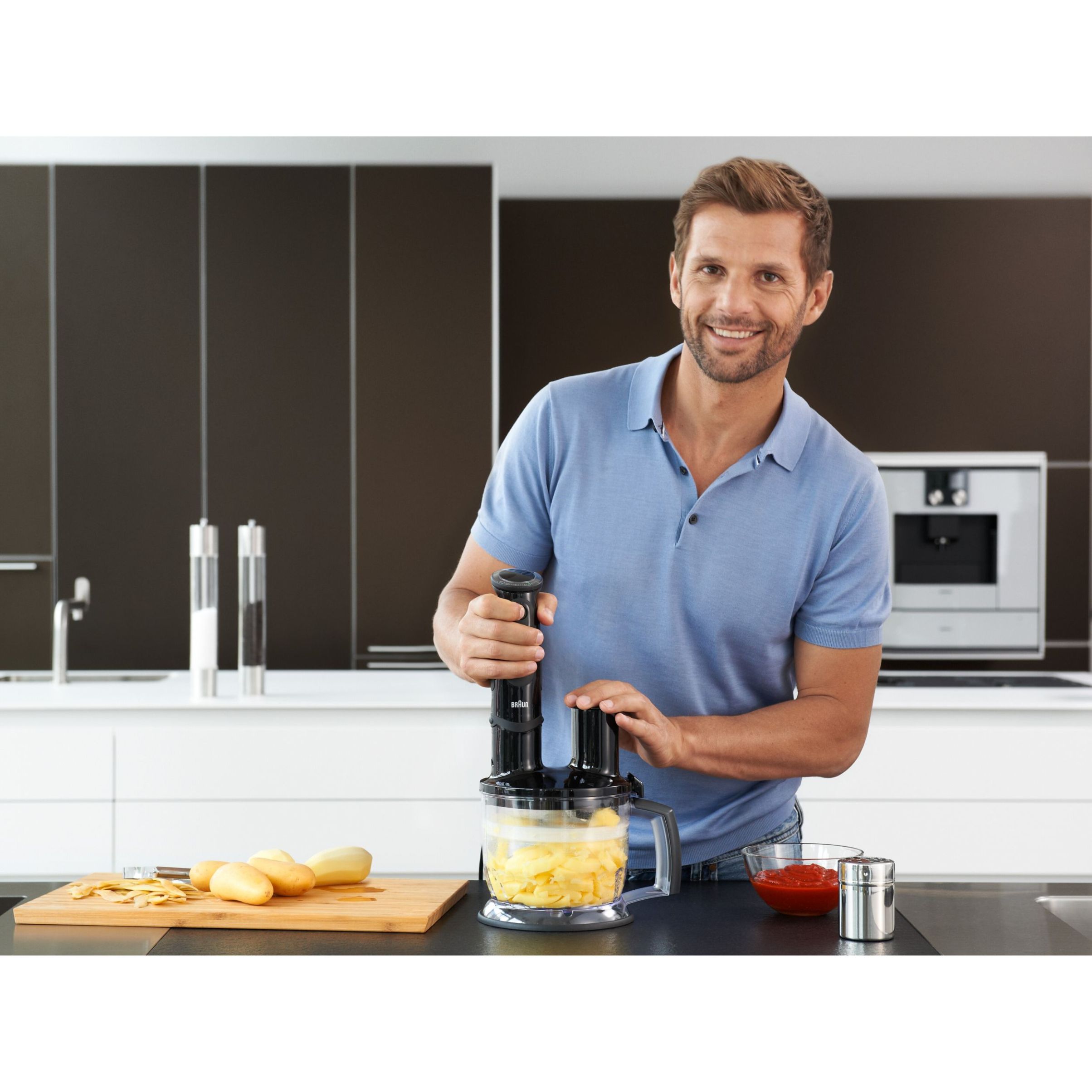Blender de mână BRAUN MultiQuick 5 Vario MQ5277BK – 0X22111347, 1000W (21 trepte și Turbo), Picior inox, Procesor de alimente 1.5l, Tel, Pahar gradat (600ml), Accesoriu piure, Cablu 1.20m, Premium Black