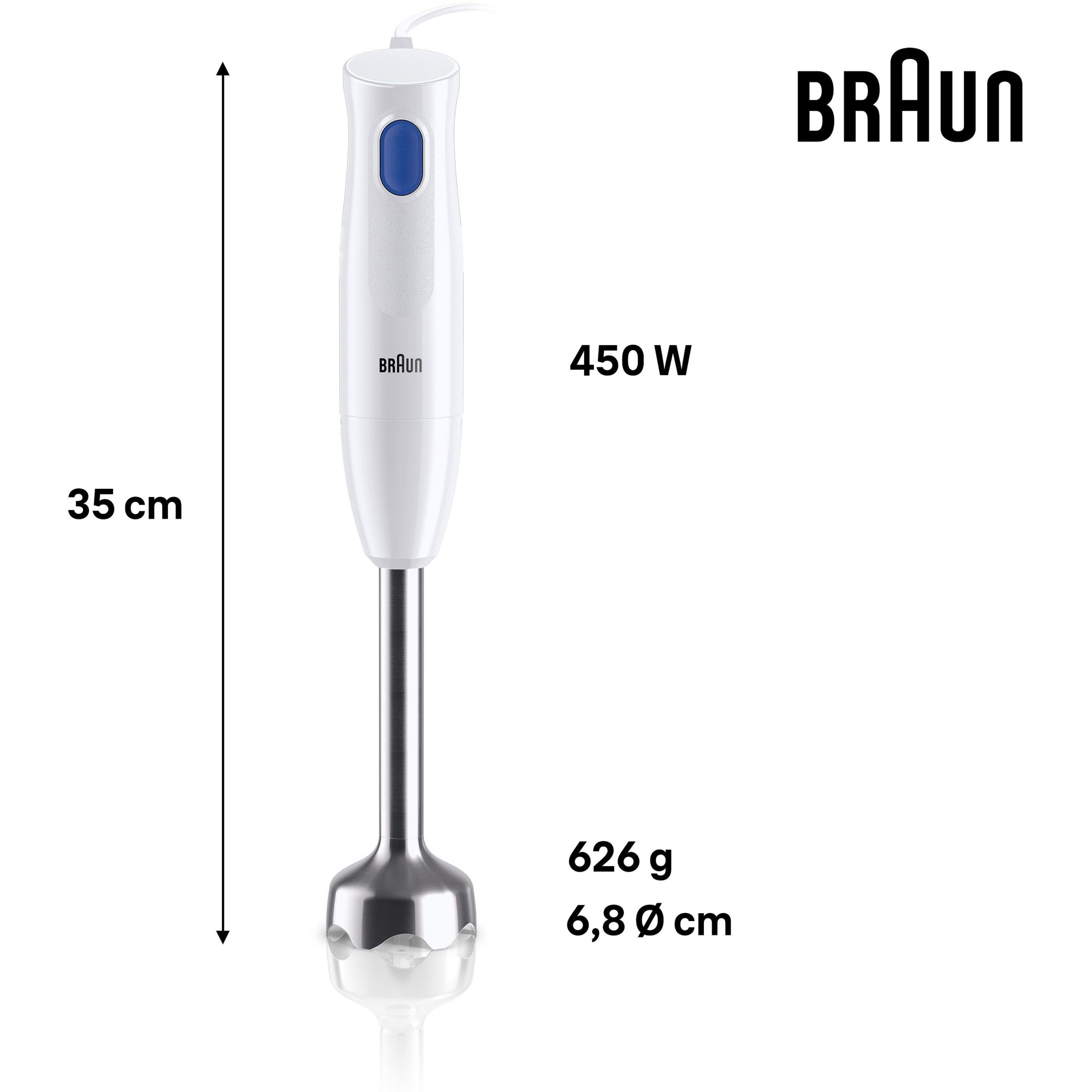 Blender de mână BRAUN MultiQuick 1 MQ10.001MWH – 0X22111470, 450W (1 viteză), Pahar gradat 0.6L, Easy Twist, Fără BPA, Cablu 1.2m