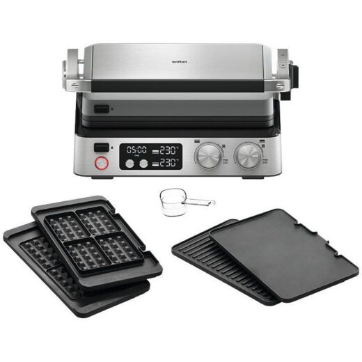 Grătar electric BRAUN MultiGrill 7 CG7044 – 0X17900002  2000W  1 placă grill  1 placă griddle  2 plăci waffle  Cupă dozare  365x315x173mm  Oțel inoxidabil/Argintiu