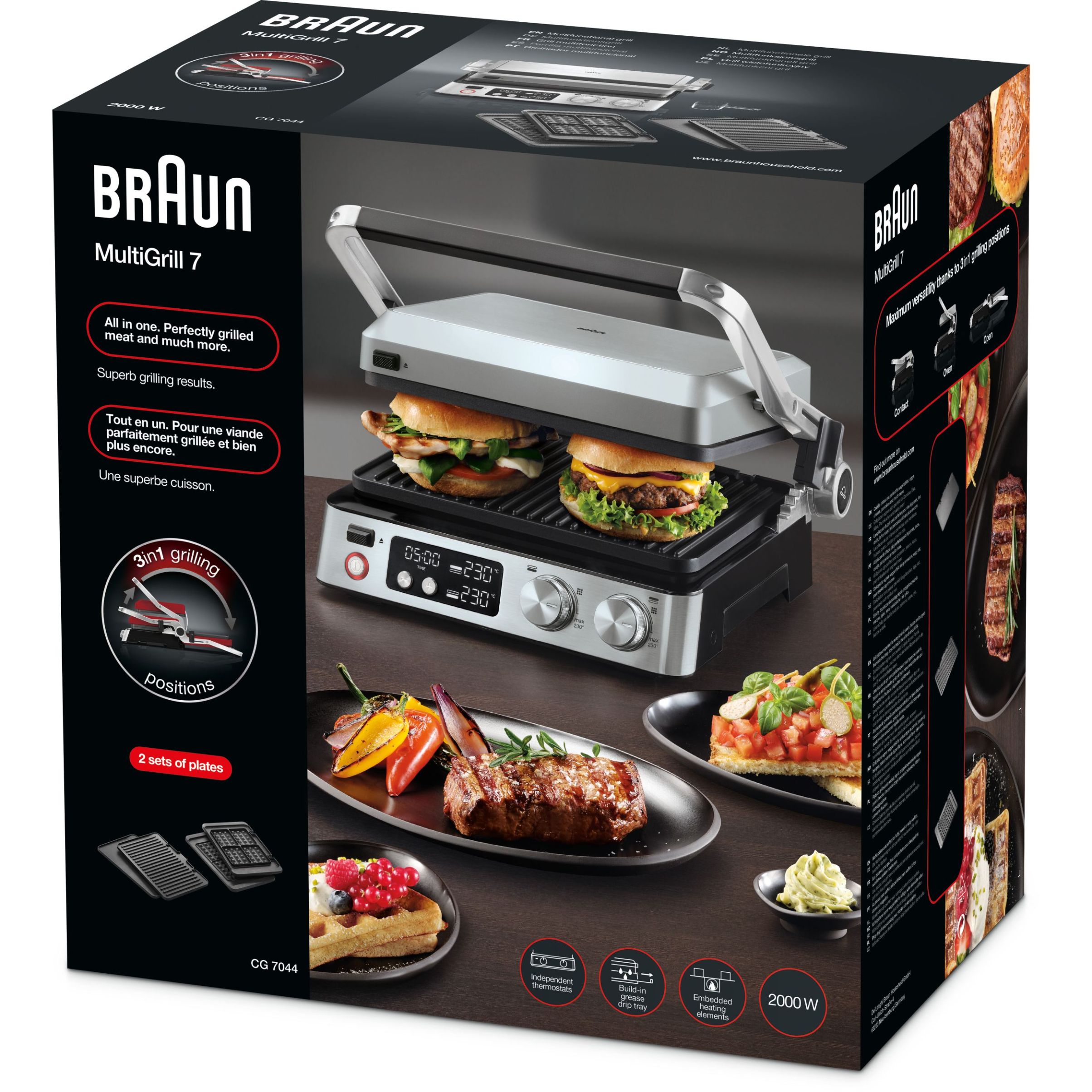 Grătar electric BRAUN MultiGrill 7 CG7044 – 0X17900002, 2000W, 1 placă grill, 1 placă griddle, 2 plăci waffle, Cupă dozare, 365x315x173mm, Oțel inoxidabil/Argintiu