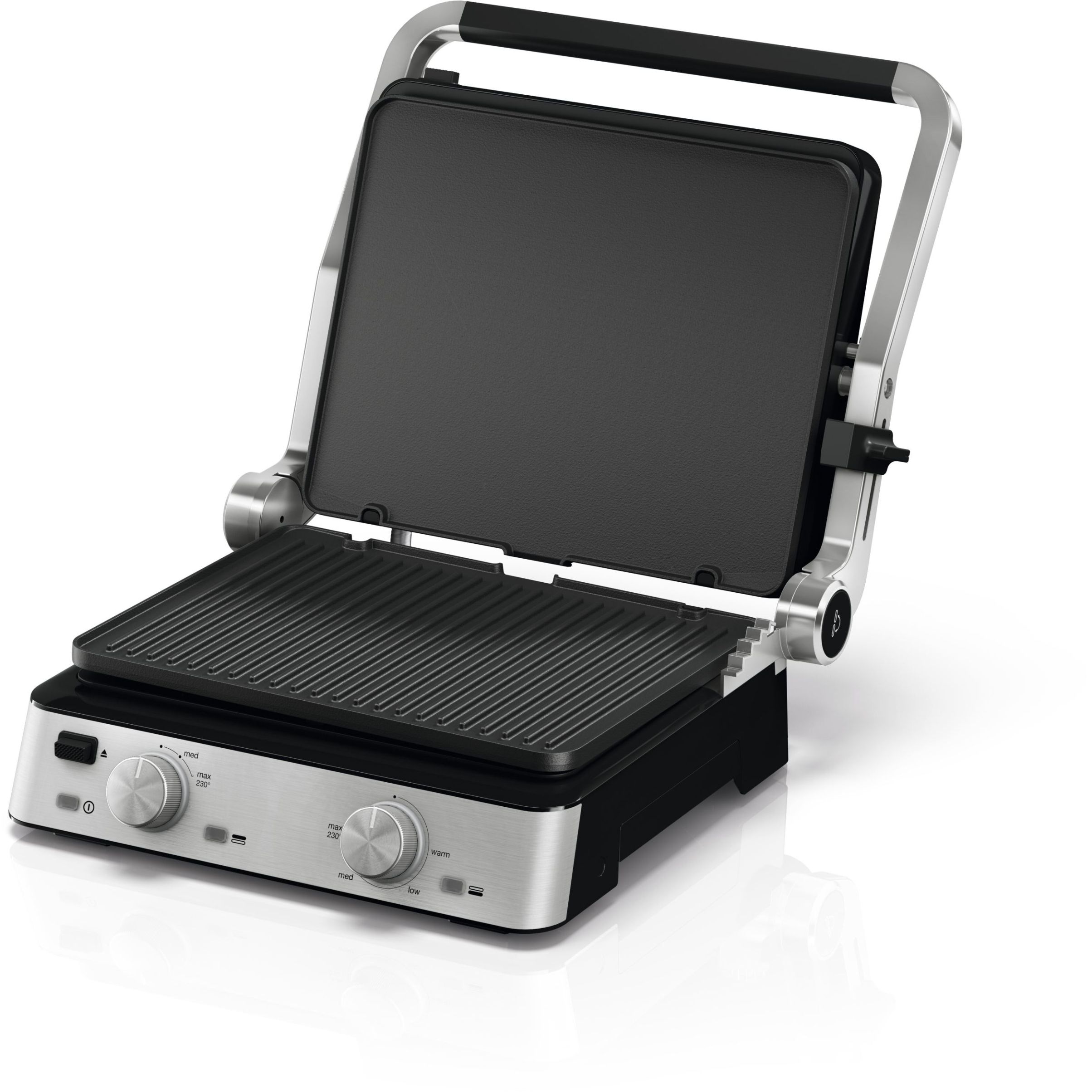 Grătar electric BRAUN MultiGrill 7 Contact CG7020 – 0X17900000, 2000W, Maximum 230°C, 3 moduri de gătire, 2 termostate electronice independente,1 placă grill, 1 placă griddle, G5.50kg