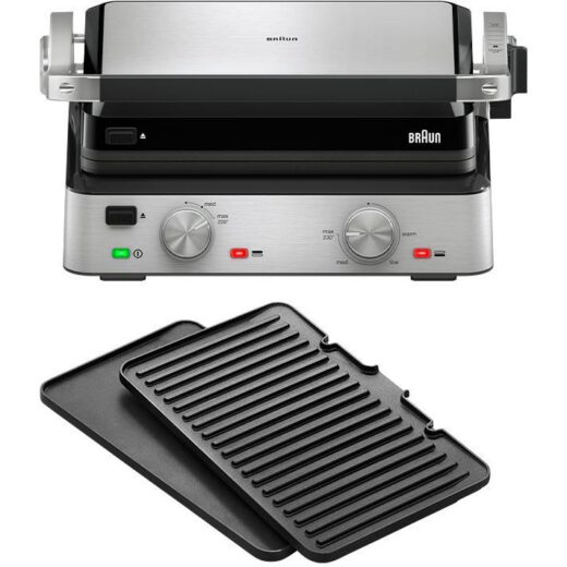 Grătar electric BRAUN MultiGrill 7 Contact CG7020 – 0X17900000  2000W  Maximum 230°C  3 moduri de gătire  2 termostate electronice independente 1 placă grill  1 placă griddle  G5.50kg