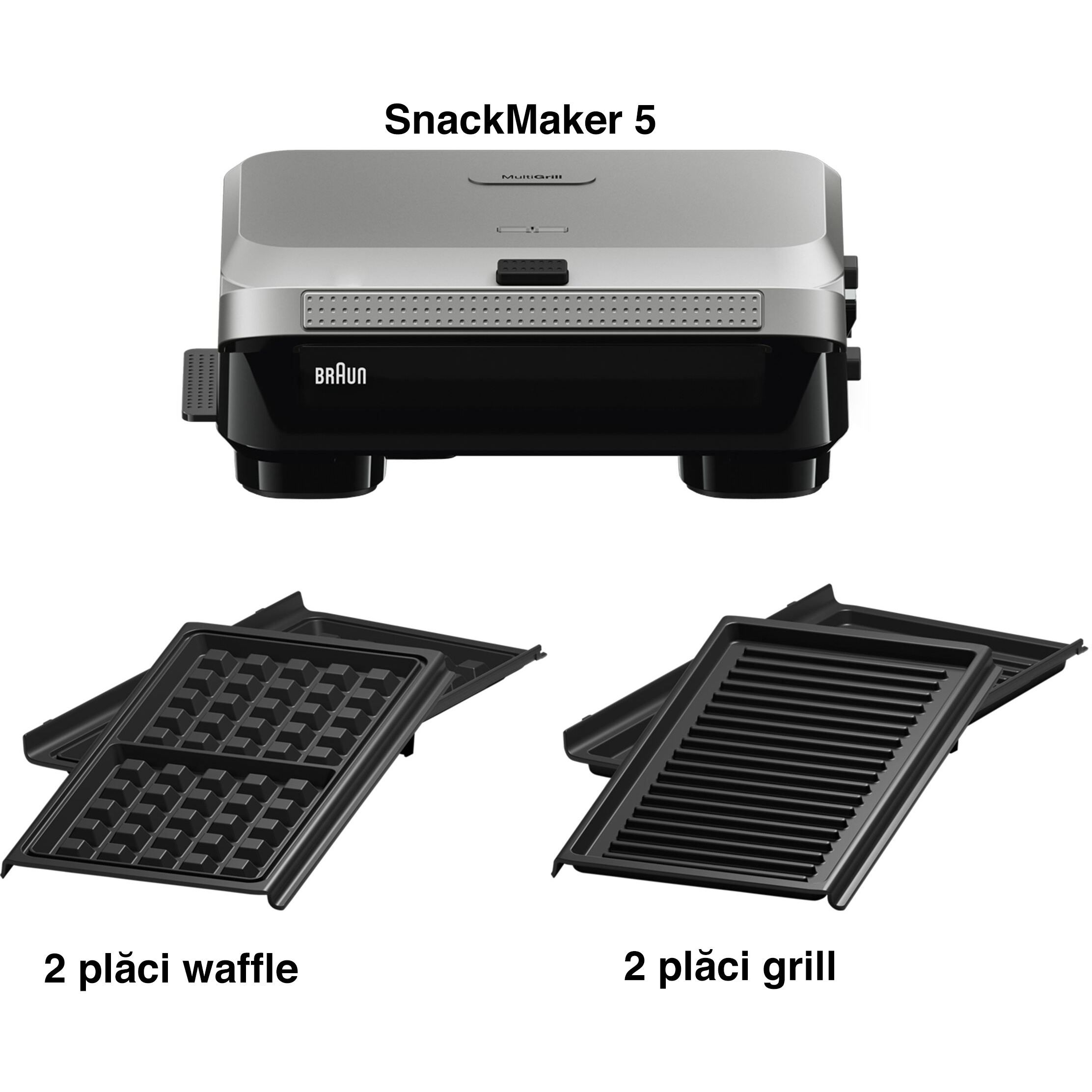 Sandwich maker BRAUN SnackMaker 5  SM5006 – 0X23100003, 800W,  1 set plăci waffle, 1 set plăci grill, Negru argintiu