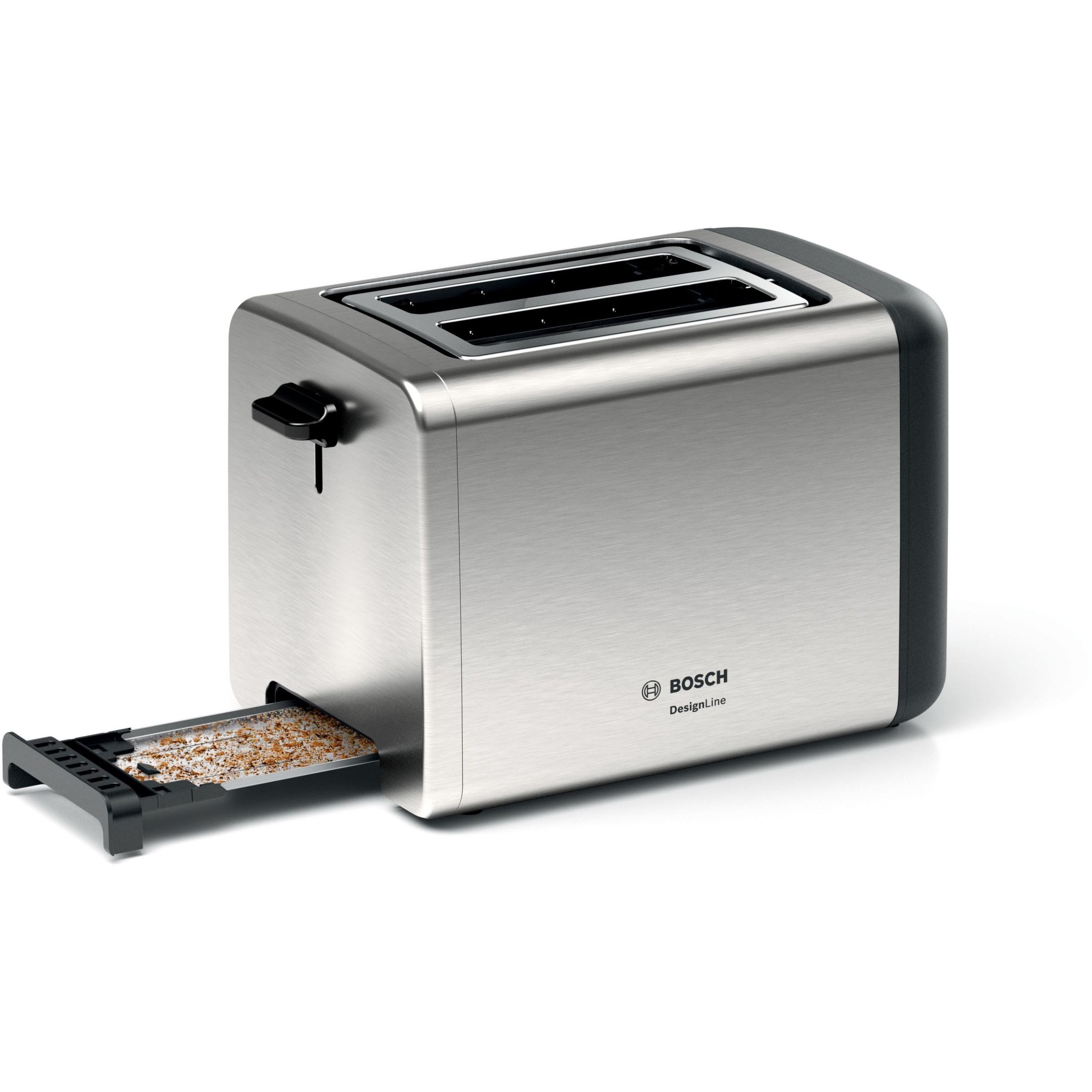 Prăjitor de pâine BOSCH DesignLine TAT3P420, 820-970W, 2 sloturi, Dezghețare, Încălzire, Grătar chifle, High Lift, Buton STOP, Senzor electronic pentru prăjire uniformă, Stainless Steel and Black