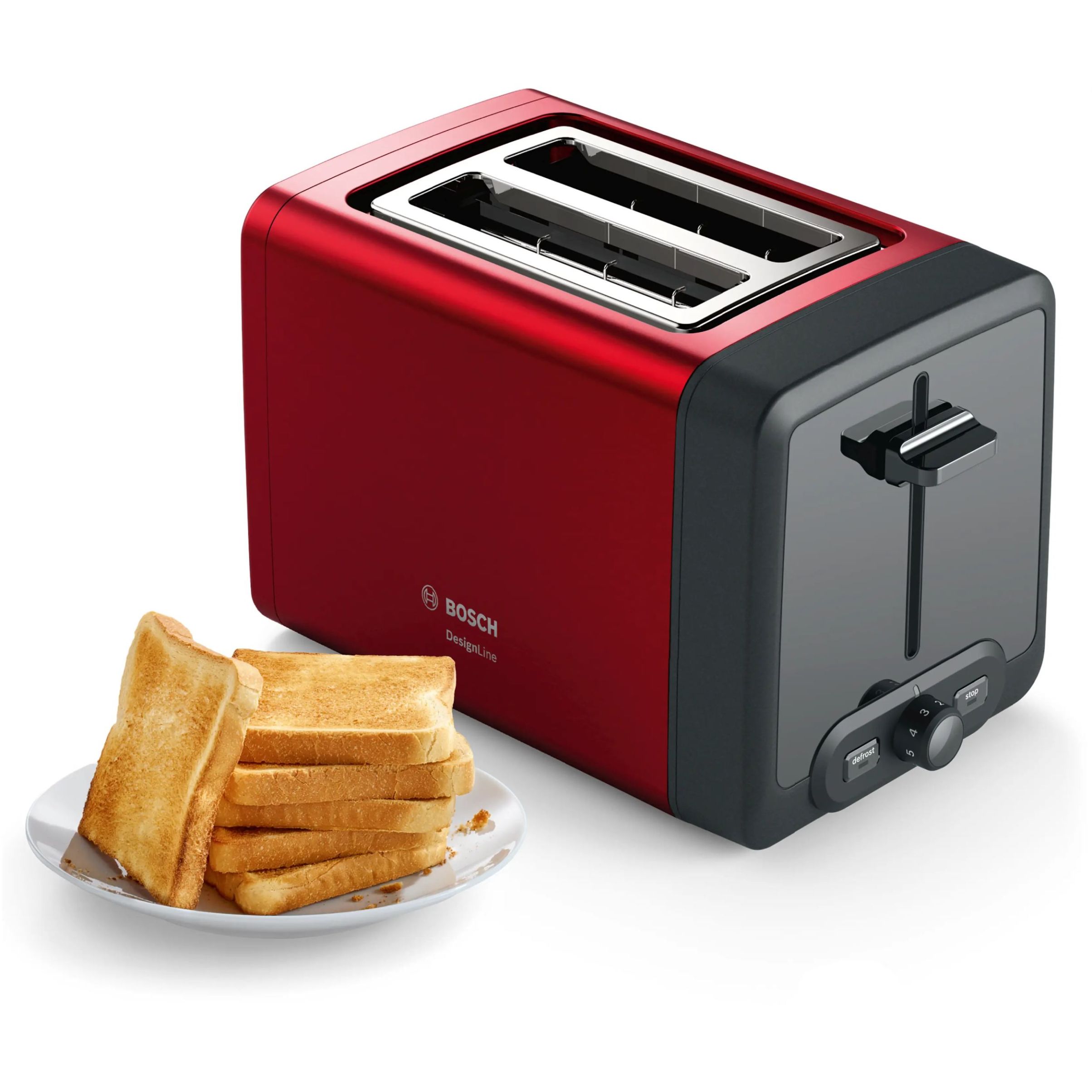 Prăjitor de pâine compact BOSCH DesignLine TAT4P424, 820~970W (6 trepte), 2 fante, Dezghețare, Încălzire, High Lift, Grătar integrat pliabil, Buton STOP,  Centrare automată, Deep Red Crystal