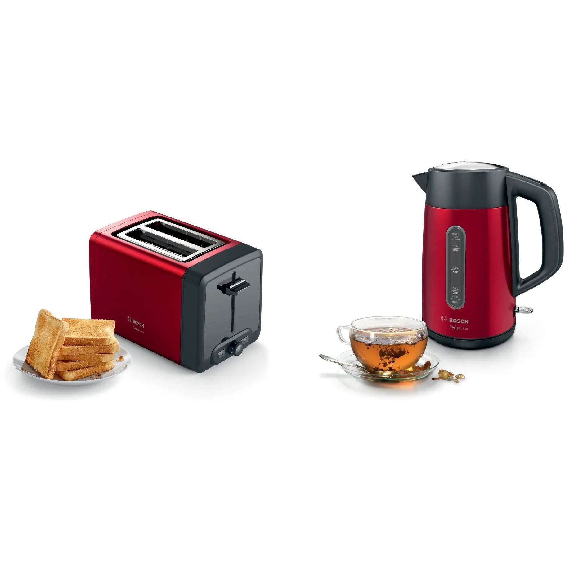 Prăjitor de pâine compact BOSCH DesignLine TAT4P424, 820~970W (6 trepte), 2 fante, Dezghețare, Încălzire, High Lift, Grătar integrat pliabil, Buton STOP,  Centrare automată, Deep Red Crystal
