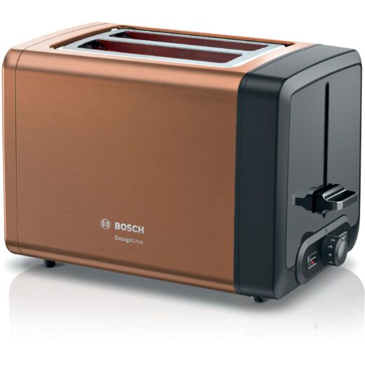 Prăjitor de pâine compact BOSCH DesignLine TAT4P429  820-970W (6 trepte)  2 fante  Dezghețare  Încălzire  High Lift  Grătar integrat pliabil  Buton STOP  Centrare automată  Noble Copper Crystal