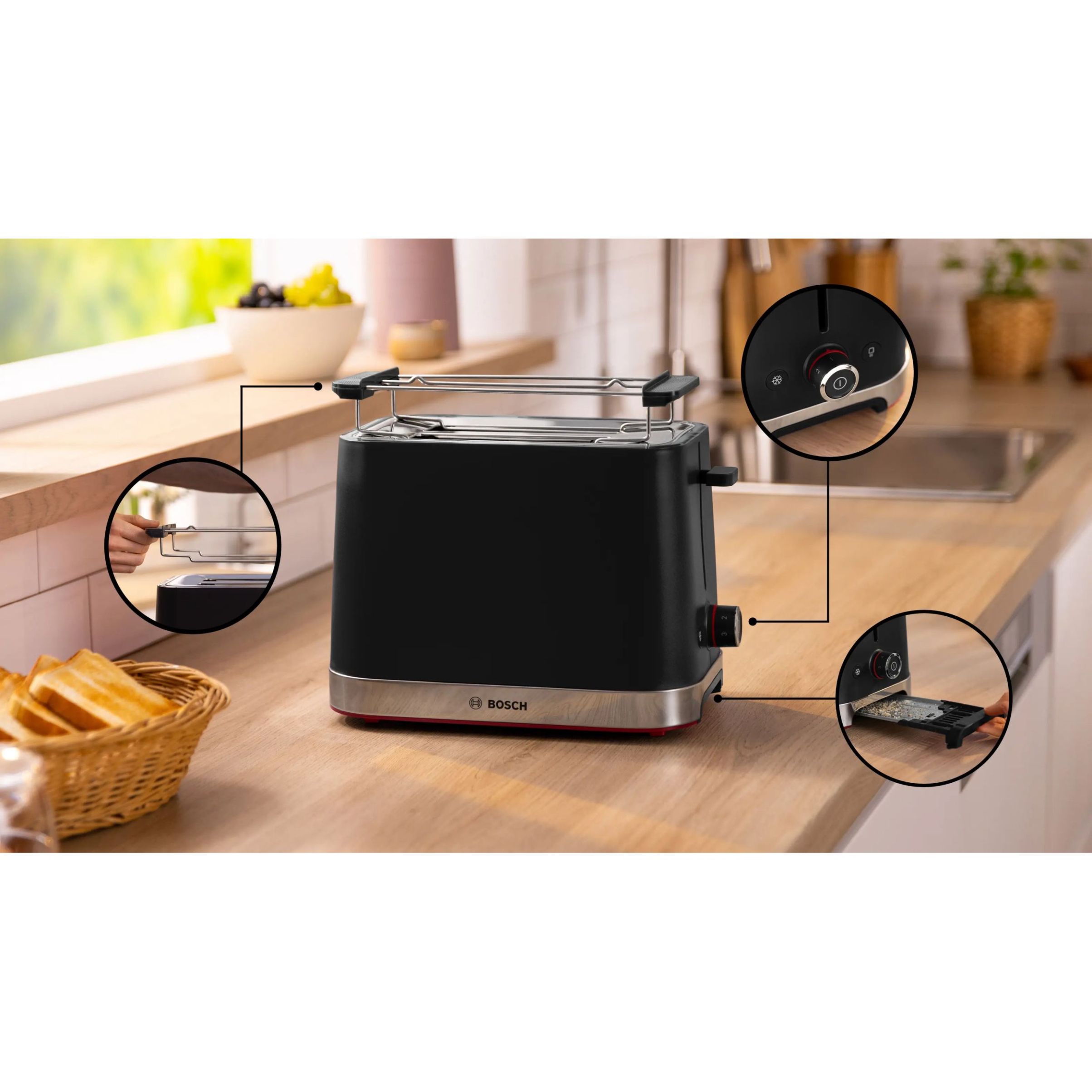 Prăjitor pâine compact BOSCH MyMoment TAT4M223, 2 sloturi, Dezghețare, Încălzire, High Lift, Negru