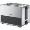 Prăjitor de pâine compact BOSCH TAT7S25  860~1050W (6 trepte)  2 fante  Dezghețare  Încălzire  High Lift  Grătar chifle integrat  Buton STOP  Centrare automată  Oprire automată  Graphite