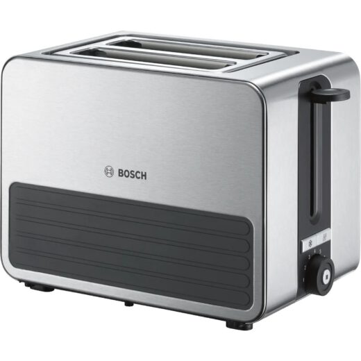 Prăjitor de pâine compact BOSCH TAT7S25  860~1050W (6 trepte)  2 fante  Dezghețare  Încălzire  High Lift  Grătar chifle integrat  Buton STOP  Centrare automată  Oprire automată  Graphite