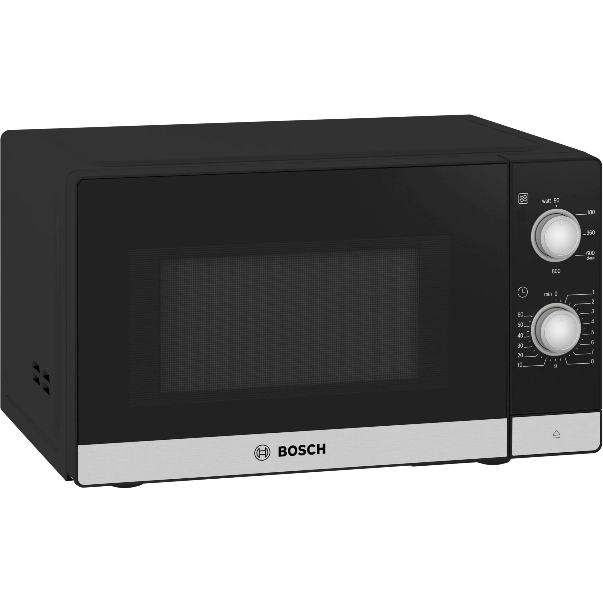 Cuptor cu microunde BOSCH Seria 2 FFL020MS2, 44x26cm, 1270W (mw 800W în 5 trepte), 20l, 1.27kW, Platou rotativ din sticlă 27cm, Curățare ușoară, Balamale stânga, Iluminare cu LED, Inox