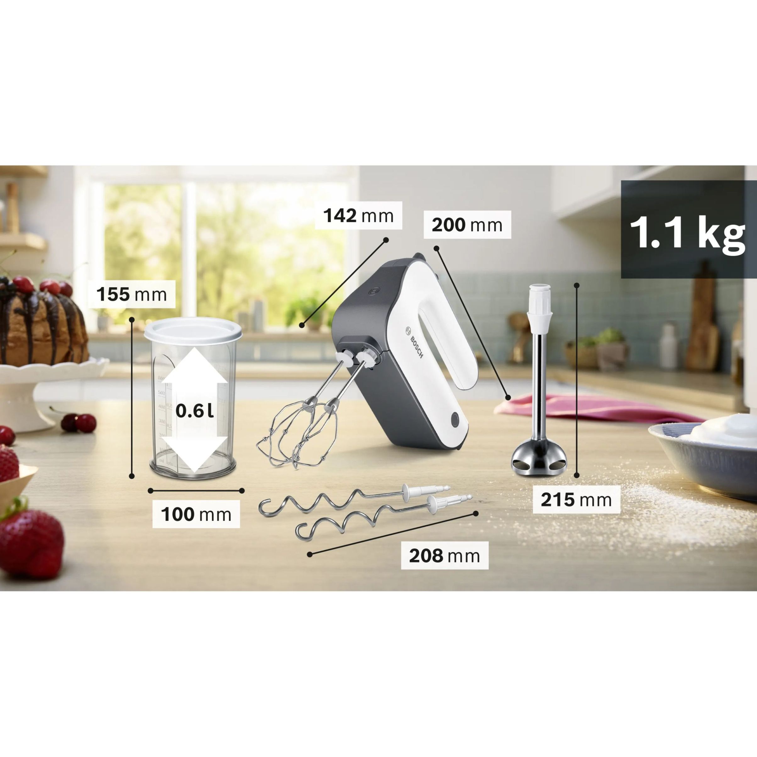 Mixer de mână BOSCH Styline MFQ49700, 850W (5 trepte și Turbo), Palete FineCreamer inox, Spirale inox, Picior blender, Vas mixare, Greutate redusă, Mâner soft touch, Cablu extensibil 140cm, G1.2kg