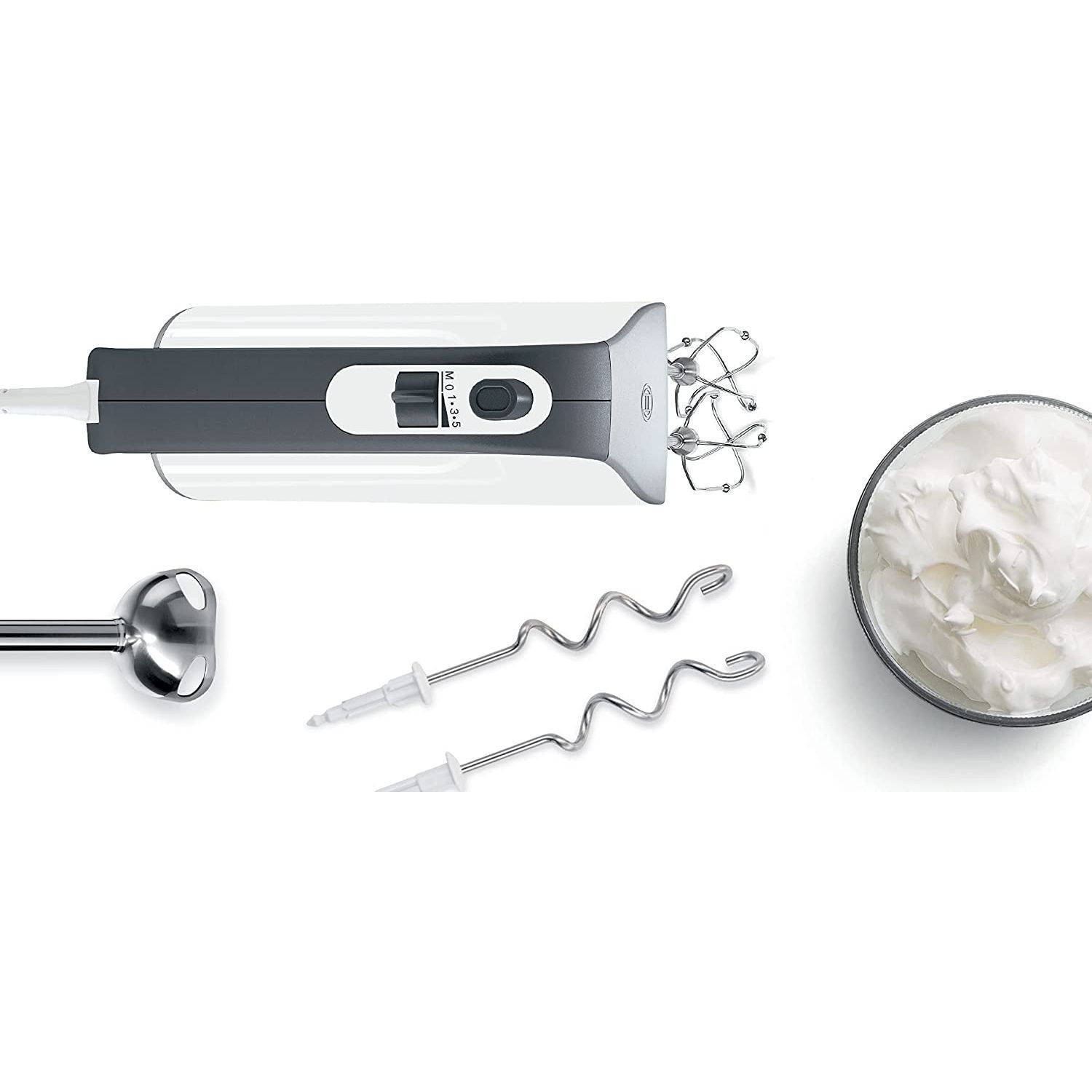 Mixer de mână BOSCH Styline MFQ49300, 850W (5 trepte și Turbo), Maximum 1060rpm, Palete FineCreamer inox, Spirale inox, Greutate redusă, Mâner soft touch, Cablu extensibil 140cm, 1.2kg, 65dBA