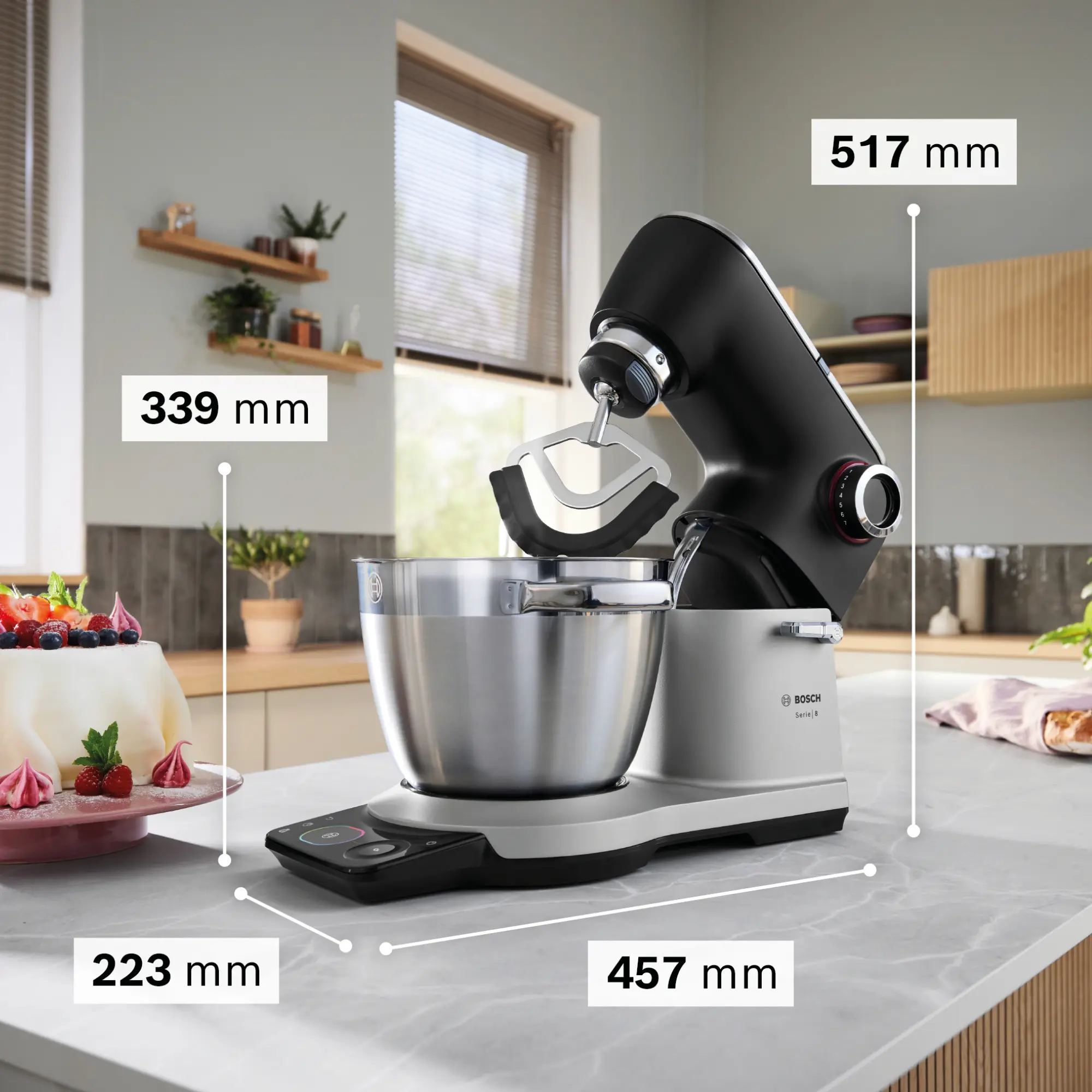 Robot de bucătărie planetar BOSCH Serie 8 MUMS8 Scale MUMS8ZS13, 1800W (7 trepte), Bol inox șlefuit 6l cu mânere, Set patiserie, Cântar, Cronometru, SoftStart, AirCooling, Carcasă metalică, Pearl Silver