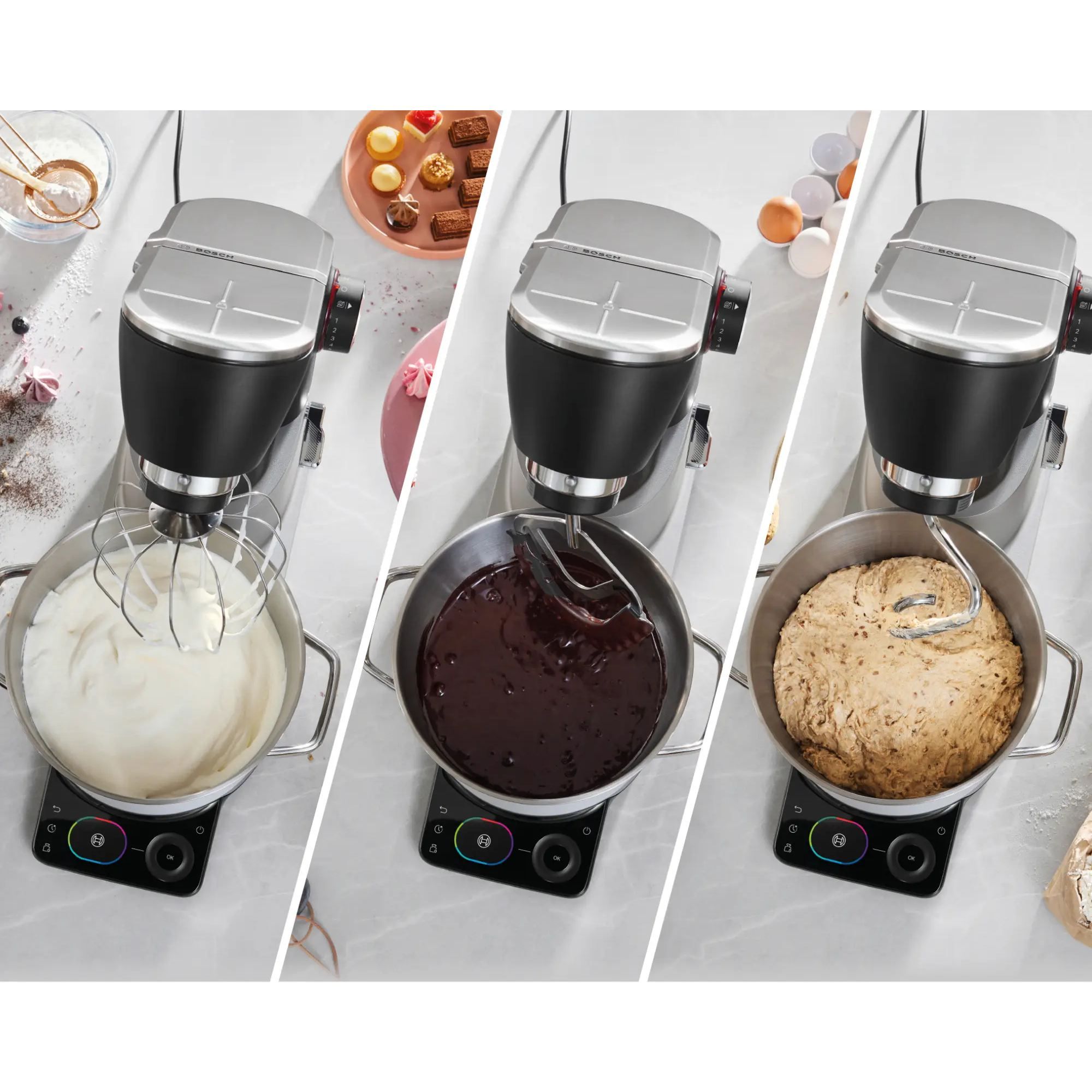 Robot de bucătărie planetar BOSCH Serie 8 MUMS8 Scale MUMS8ZS13, 1800W (7 trepte), Bol inox șlefuit 6l cu mânere, Set patiserie, Cântar, Cronometru, SoftStart, AirCooling, Carcasă metalică, Pearl Silver