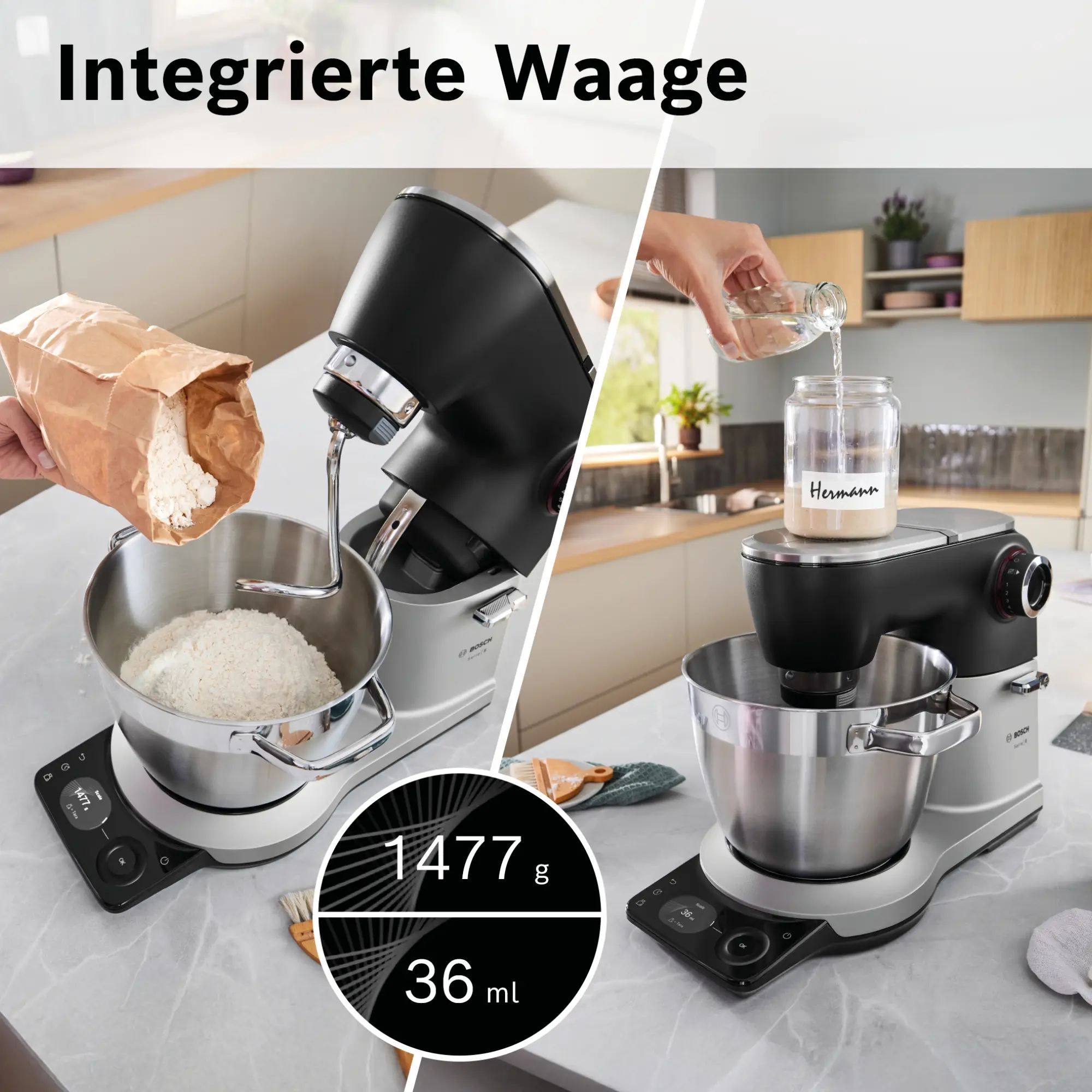 Robot de bucătărie planetar BOSCH Serie 8 MUMS8 Scale MUMS8ZS13, 1800W (7 trepte), Bol inox șlefuit 6l cu mânere, Set patiserie, Cântar, Cronometru, SoftStart, AirCooling, Carcasă metalică, Pearl Silver