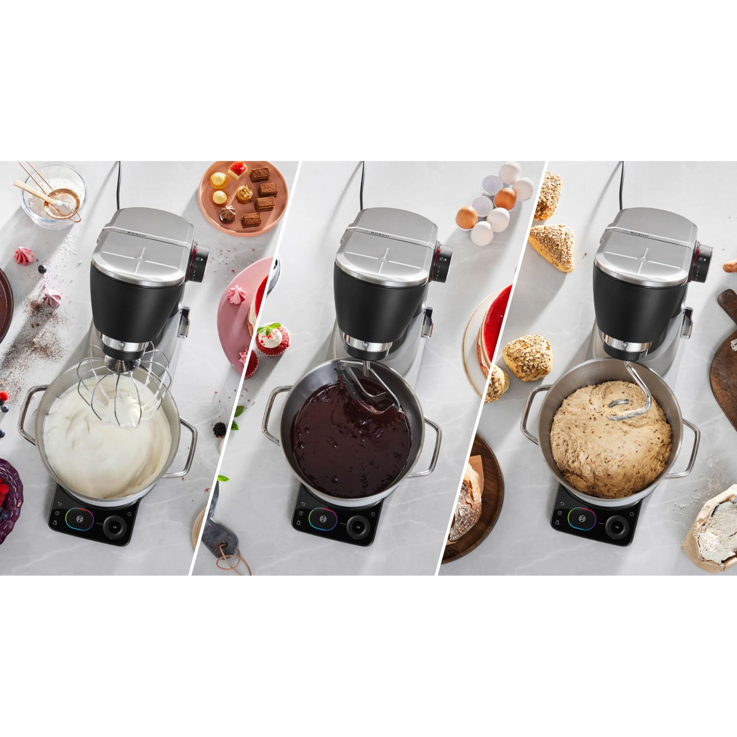 Robot de bucătărie planetar BOSCH Serie 8 MUMS8 Scale MUMS8ZS18, 1800W (7 trepte), Bol inox șlefuit 6l cu mânere, Set patiserie, Cântar, Cronometru, SoftStart, AirCooling, Carcasă metalică, Pearl Silver