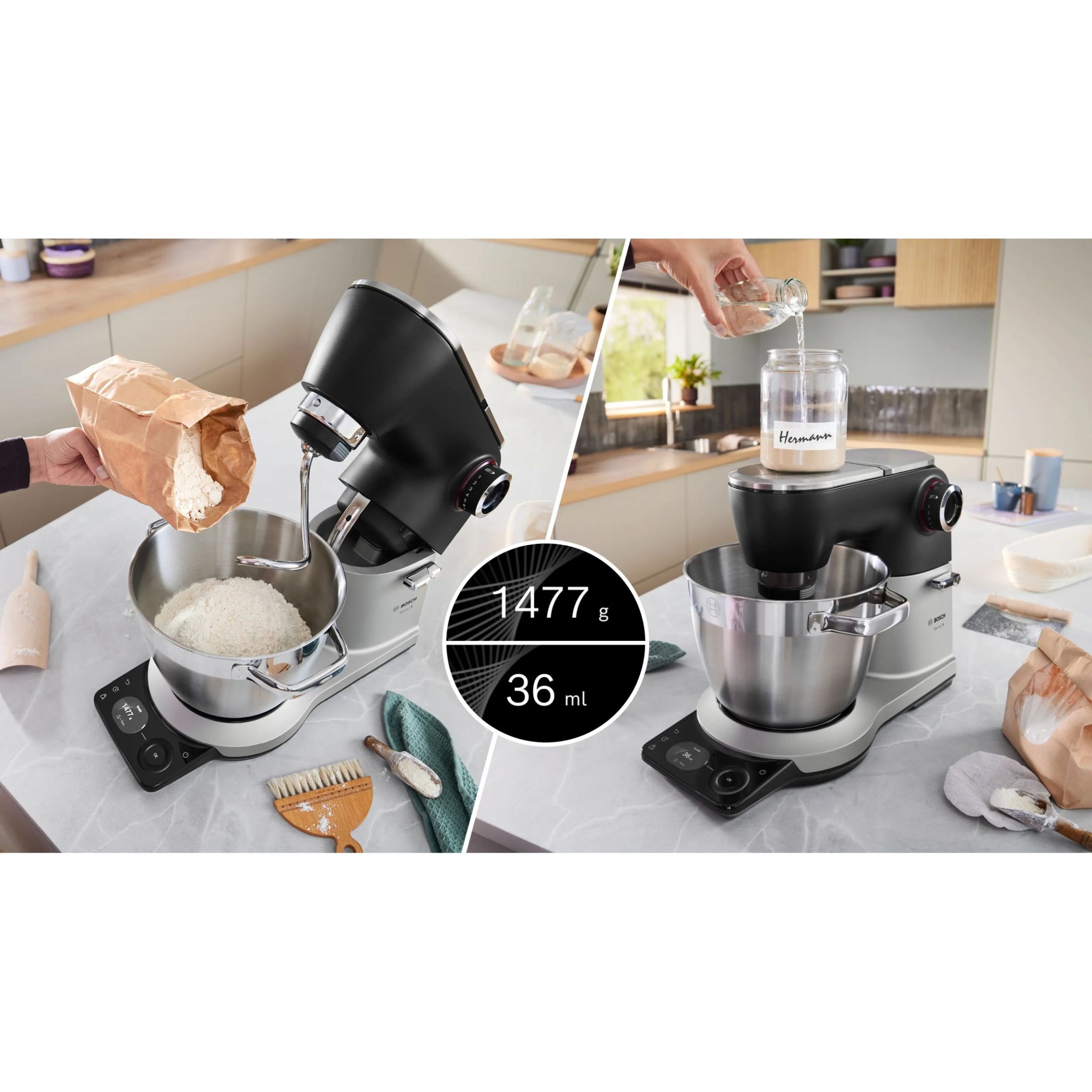 Robot de bucătărie planetar BOSCH Serie 8 MUMS8 Scale MUMS8ZS18, 1800W (7 trepte), Bol inox șlefuit 6l cu mânere, Set patiserie, Cântar, Cronometru, SoftStart, AirCooling, Carcasă metalică, Pearl Silver