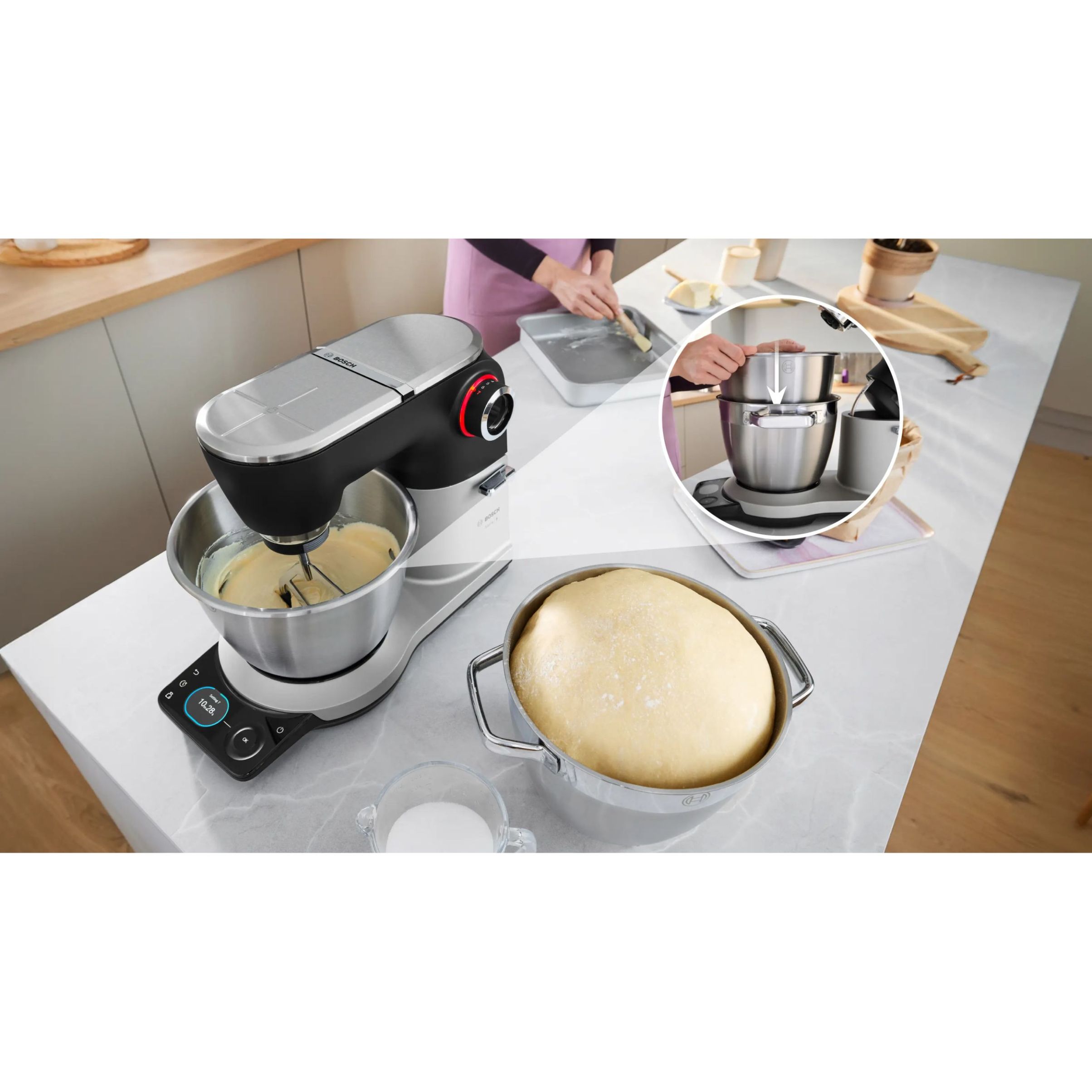 Robot de bucătărie planetar BOSCH Serie 8 MUMS8 Scale MUMS8ZS18, 1800W (7 trepte), Bol inox șlefuit 6l cu mânere, Set patiserie, Cântar, Cronometru, SoftStart, AirCooling, Carcasă metalică, Pearl Silver