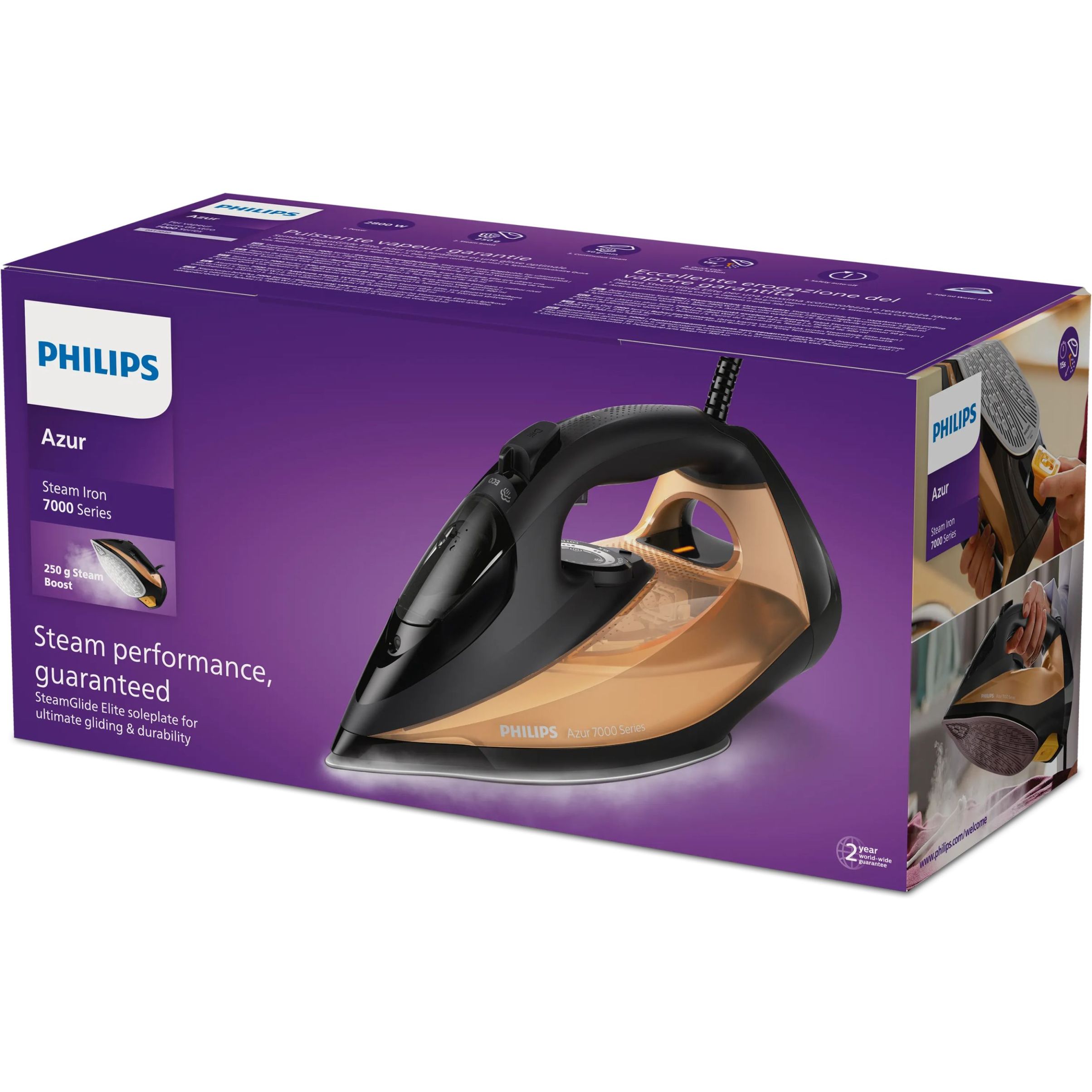 Fier de călcat cu abur Philips Azur Seria 7000 DST7040/80, 2800W, Continuu 50g/min, Jet 250g, Rezervor 300ml, Talpă SteamGlide Elite, Oprire automată, C2m, G1.82kg, Black and Gold