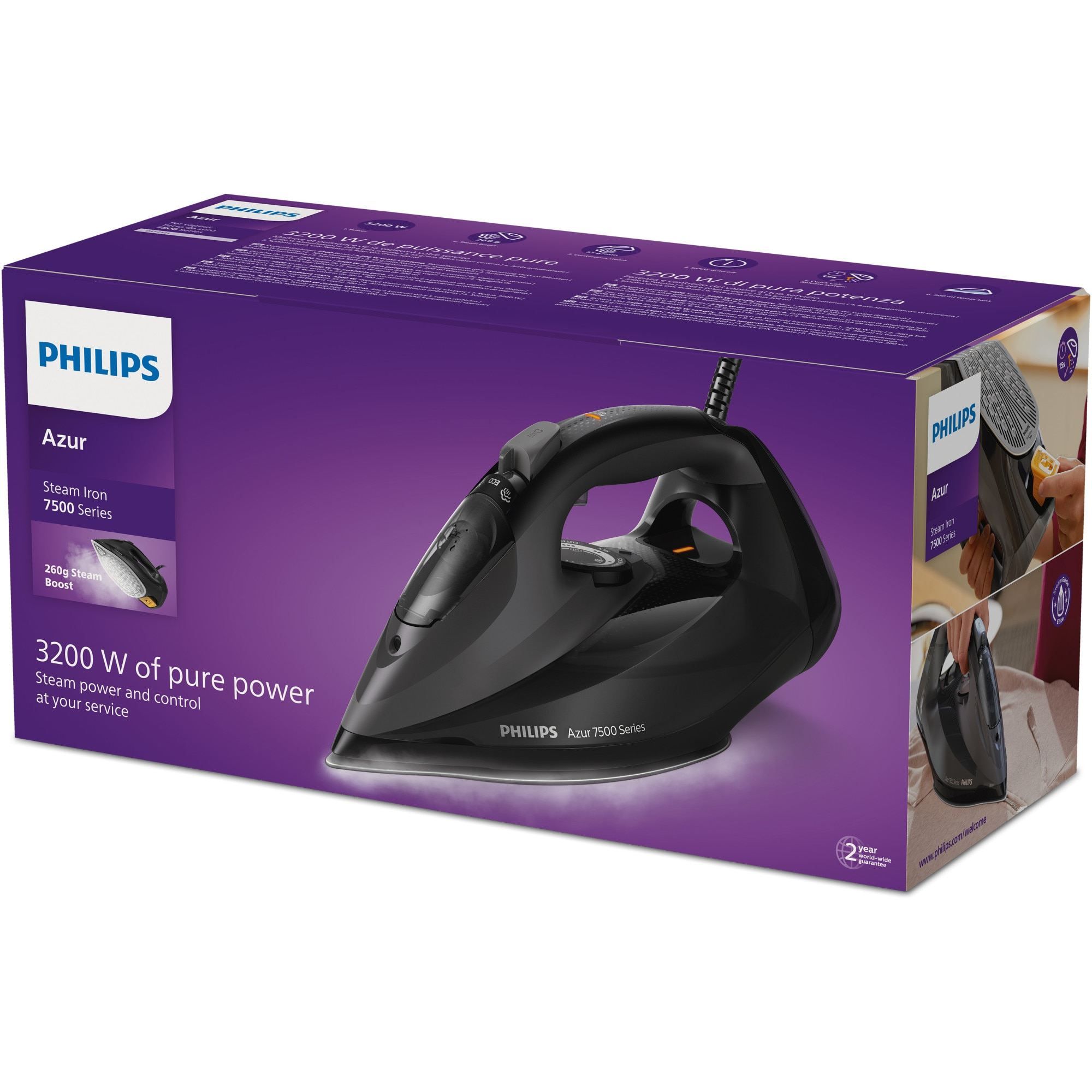 Fier de călcat cu abur Philips Azur Seria 7500 DST7511/80, 3200W, Continuu 55g/min, Jet 260g, Rezervor 300ml, Talpă SteamGlide Elite, Oprire automată, C2m, G1.78kg, Negru