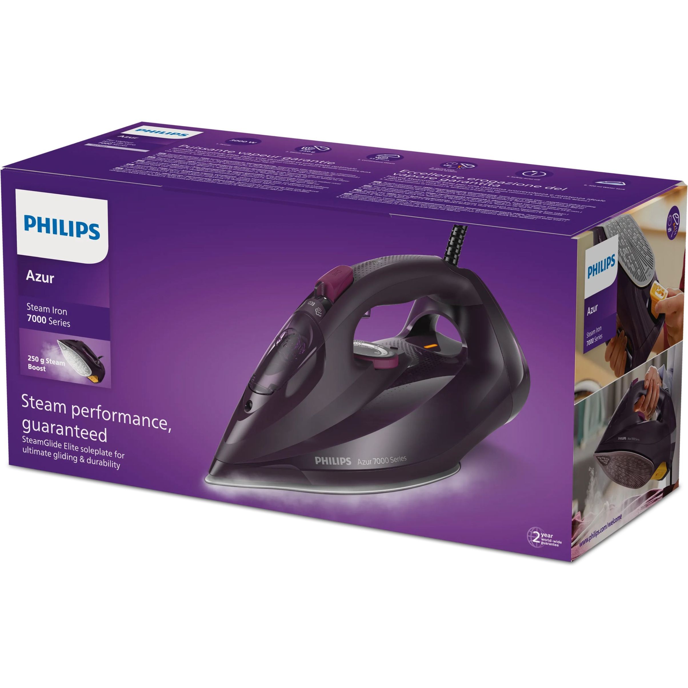 Fier de călcat cu abur Philips Azur Seria 7000 DST7061/30, 3000W, Continuu 55g/min, Jet 250g, Rezervor 300ml, Talpă SteamGlide Elite, Oprire automată, C2m, G1.82kg, Dark Magic Violet