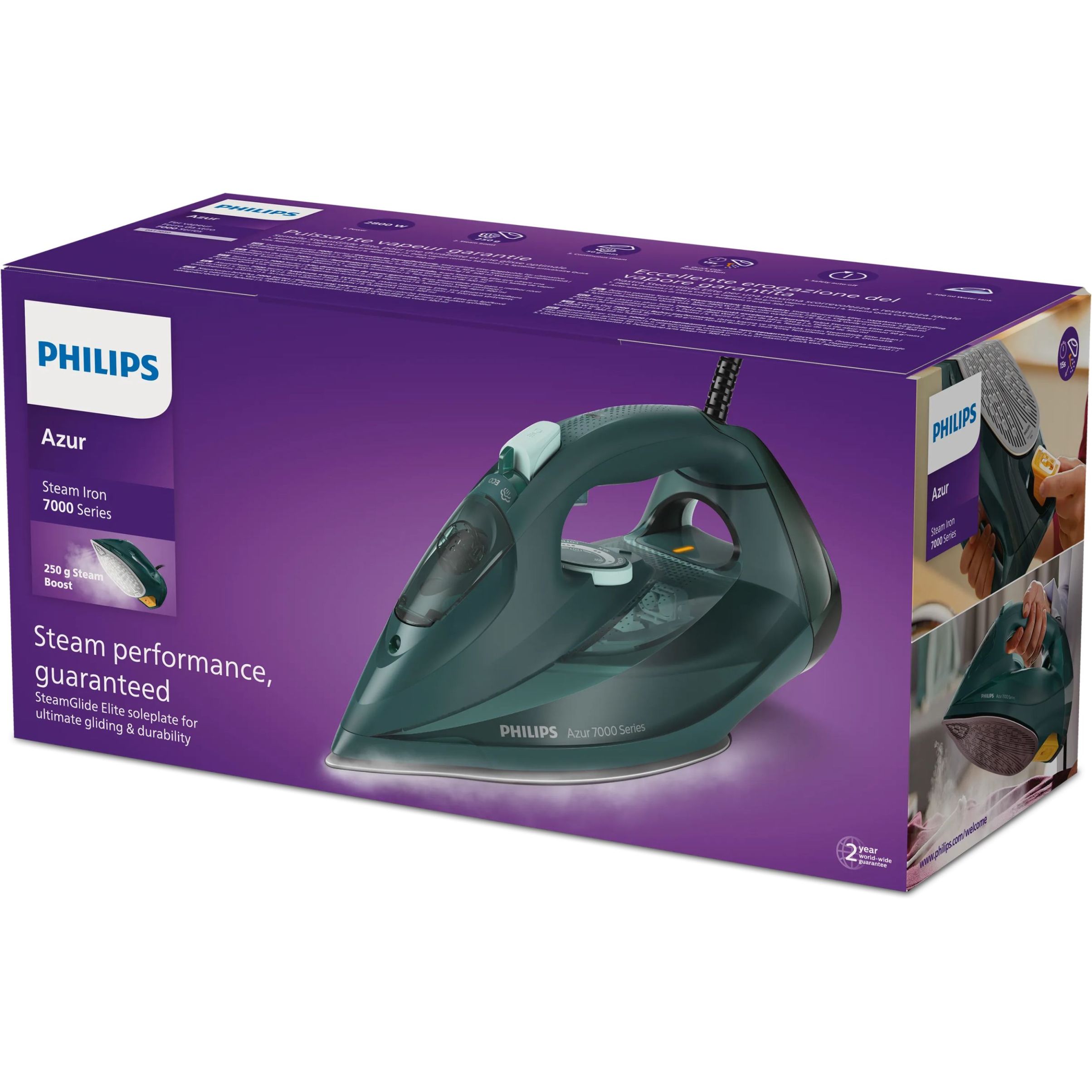 Fier de călcat cu abur Philips Azur Seria 7000 DST7050/70, 2800W, Continuu 50g/min, Jet 250g, Rezervor 300ml, Talpă SteamGlide Elite, Oprire automată, C2m, G1.82kg, Opal Green