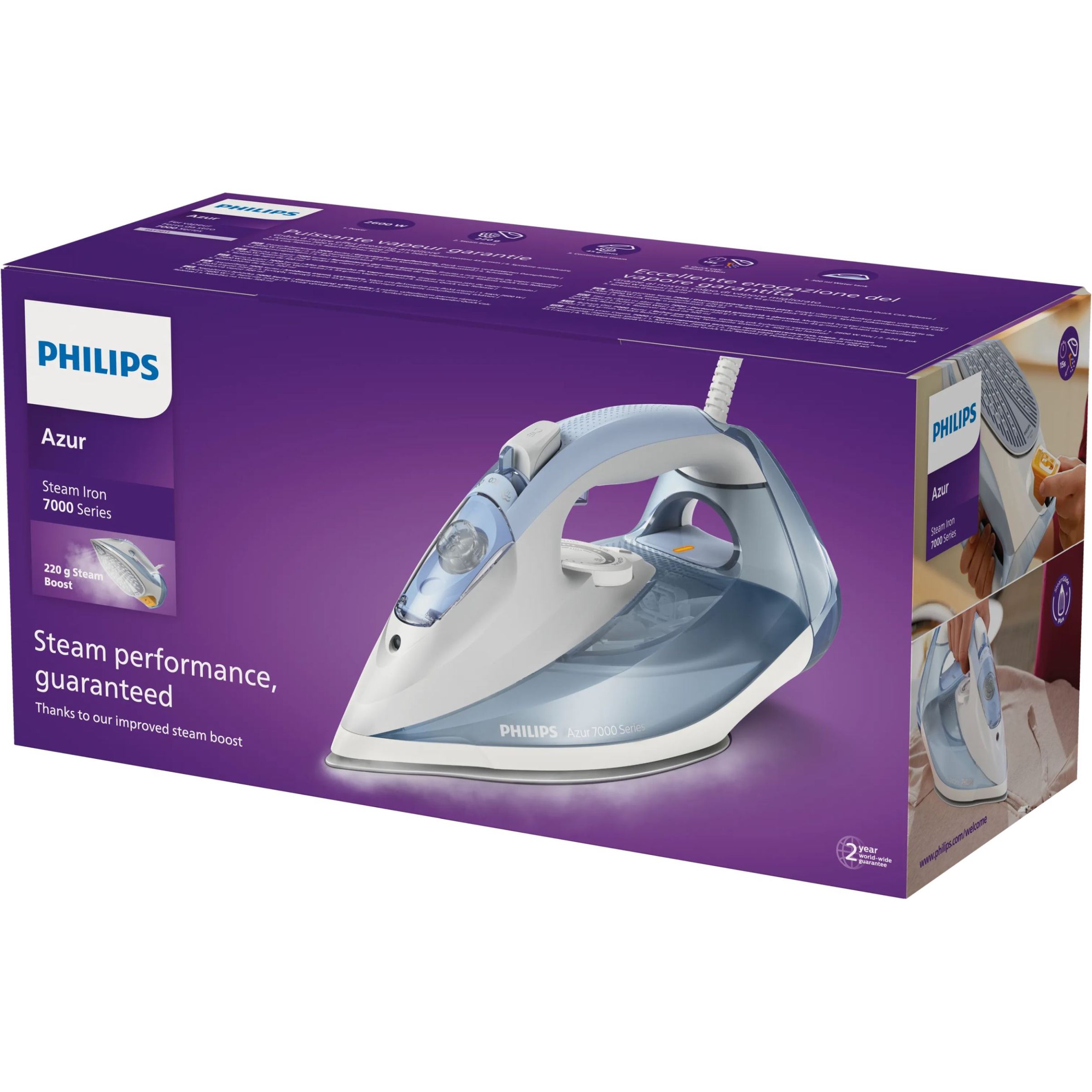 Fier de călcat cu abur Philips Azur Seria 7000 DST7011/20, 2600W, Continuu 45g/min, Jet 220g, Rezervor 300ml, Talpă SteamGlide Plus, C2m, G1.67kg, Light Blue