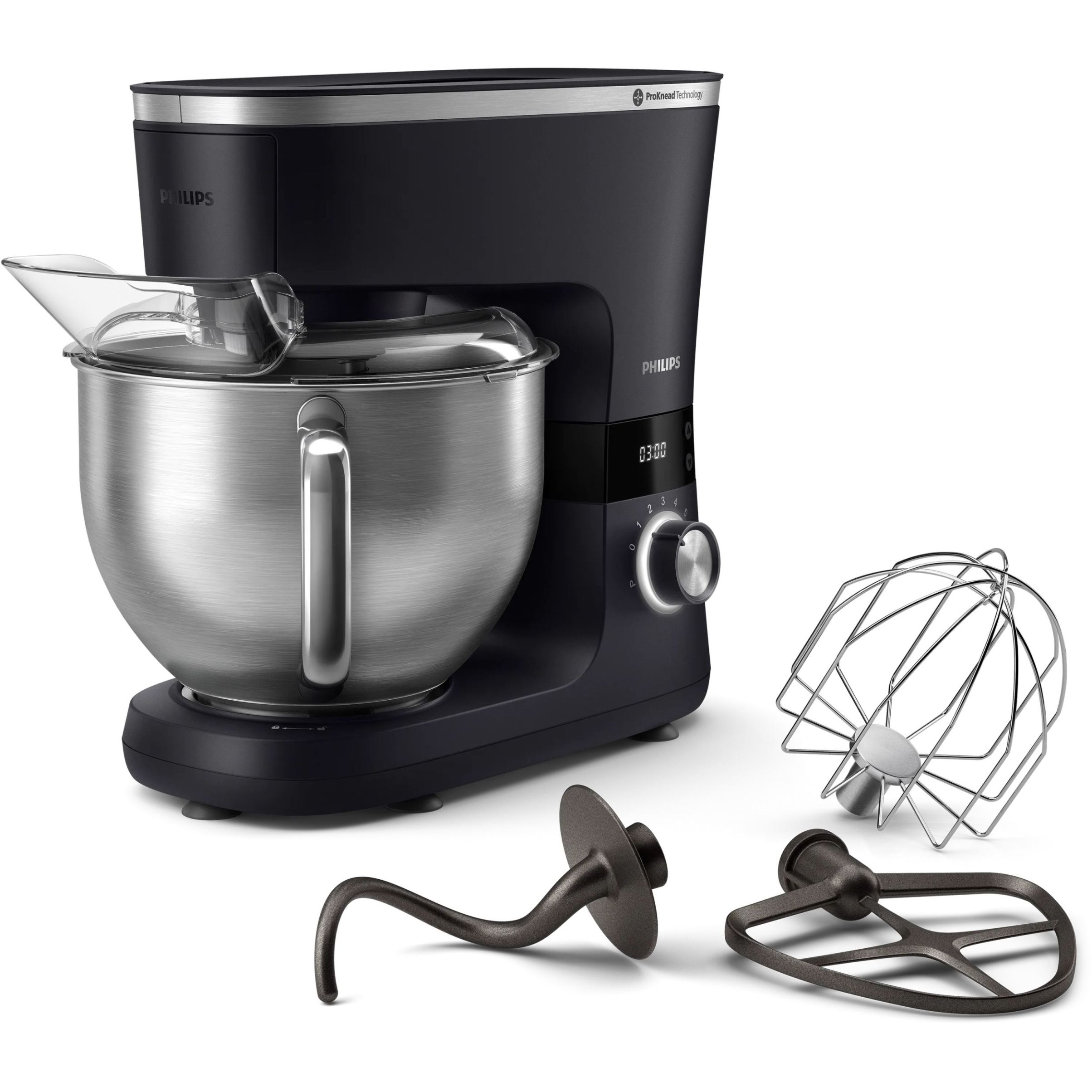 Robot de bucătărie planetar Philips Seria 7000 HR7962/21, 1000W (8 trepte, Pulse), Bol inox 5.5l, Blender sticlă 1.5l, ProKnead, Timer, Iluminare, Bază metalică, Protecție termică motor, HomeID, G9.93kg